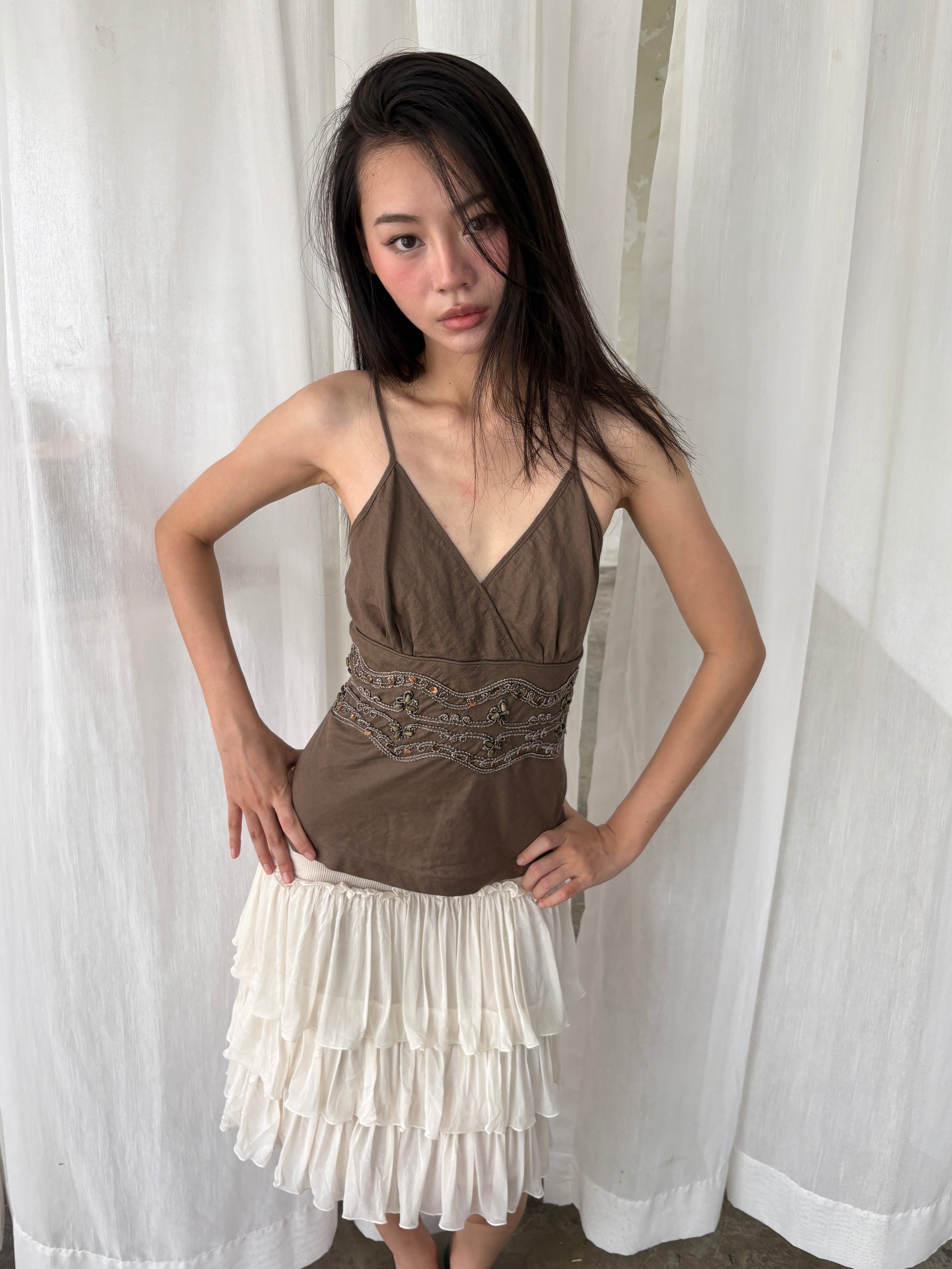 Brown beaded waist cami
