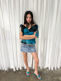 Blue printed off shoulder top