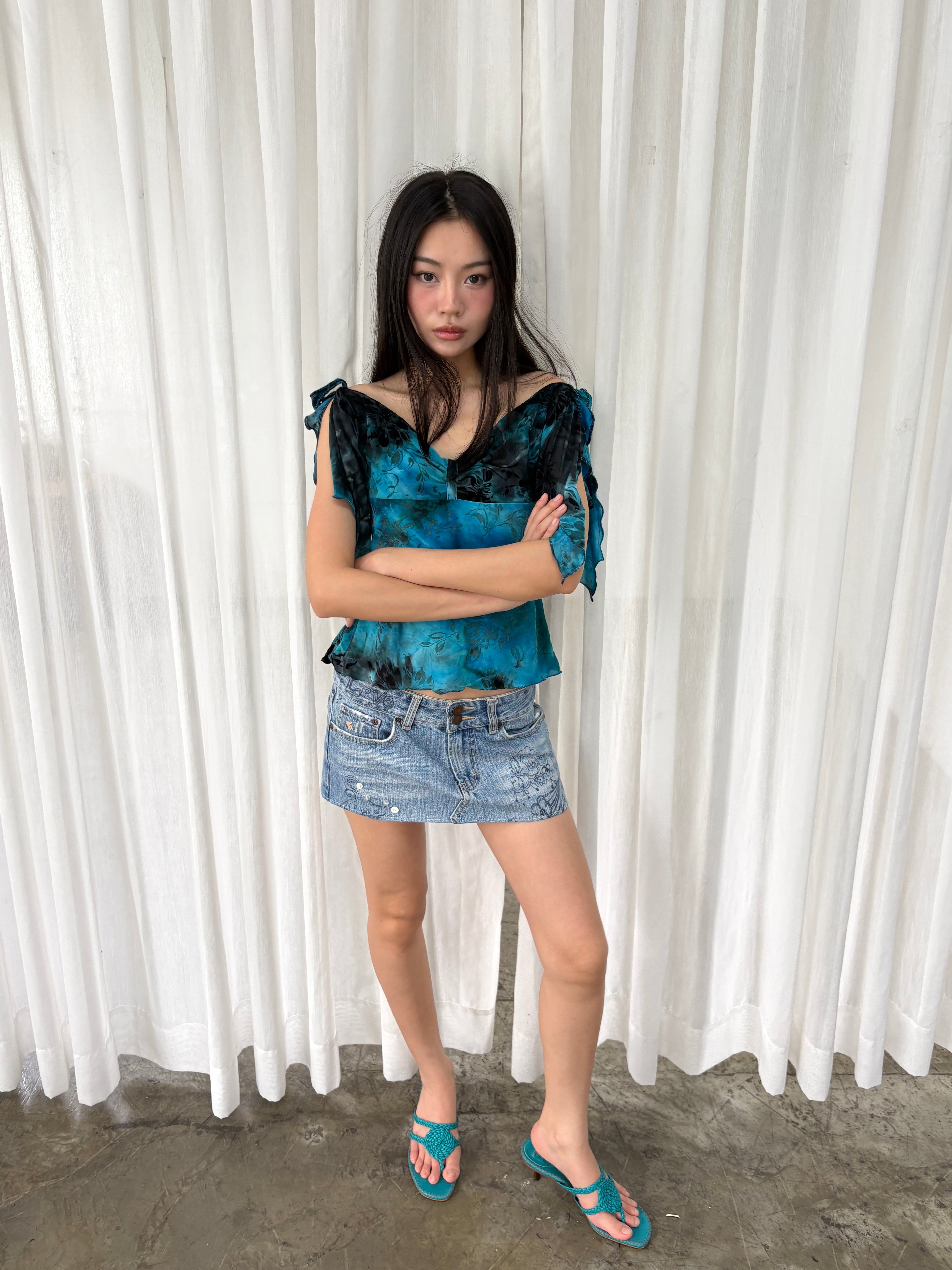 Blue printed off shoulder top