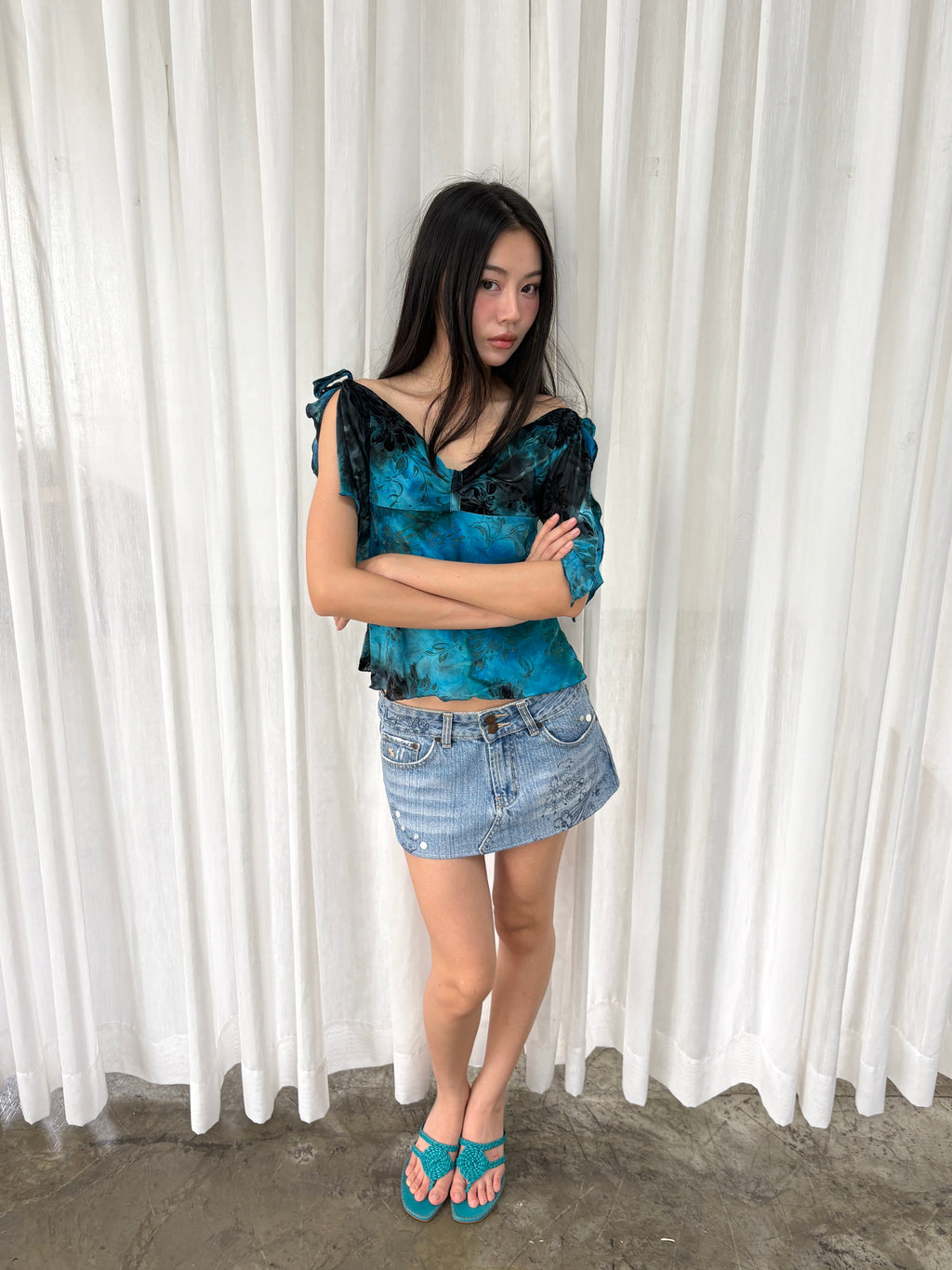 Blue printed off shoulder top