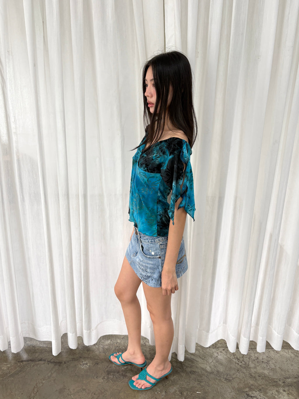 Blue printed off shoulder top