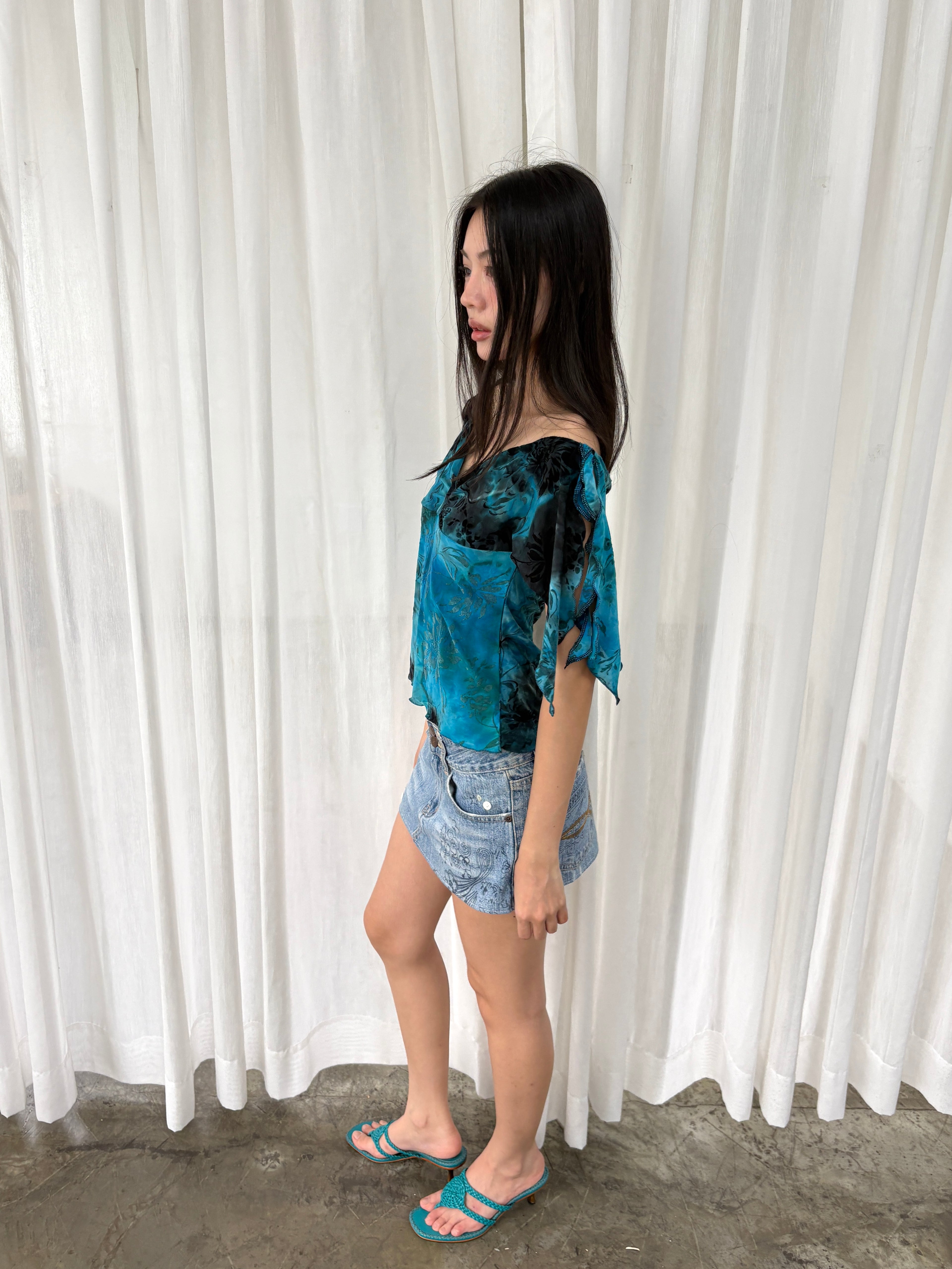 Blue printed off shoulder top