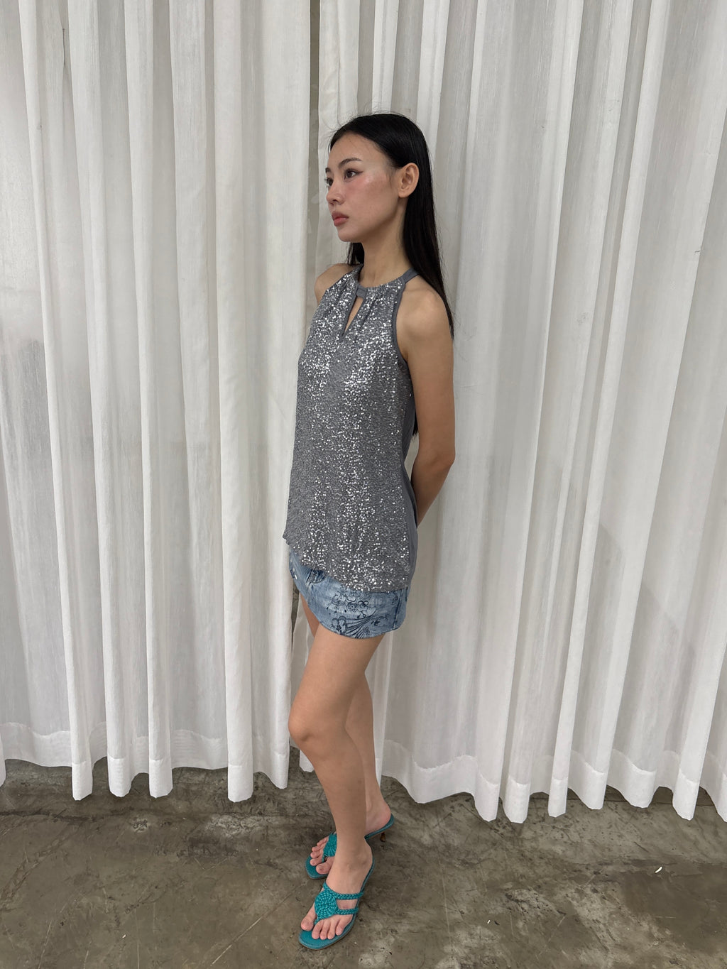Silver sequin halter top