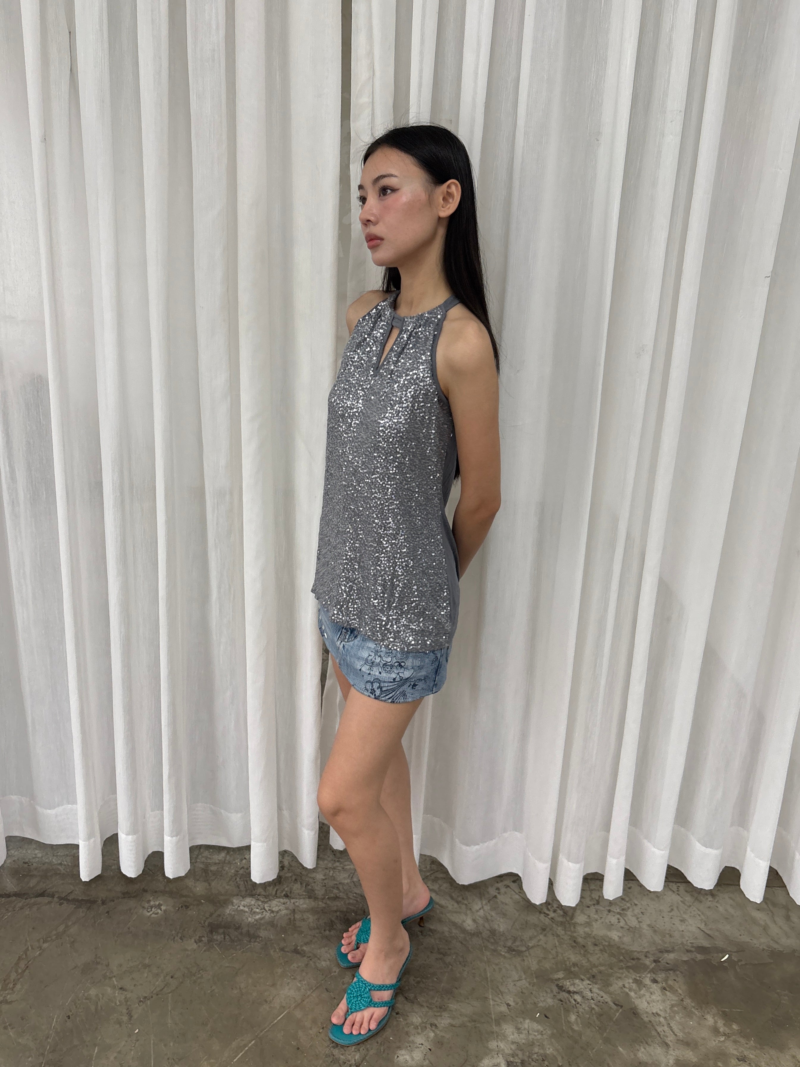 Silver sequin halter top