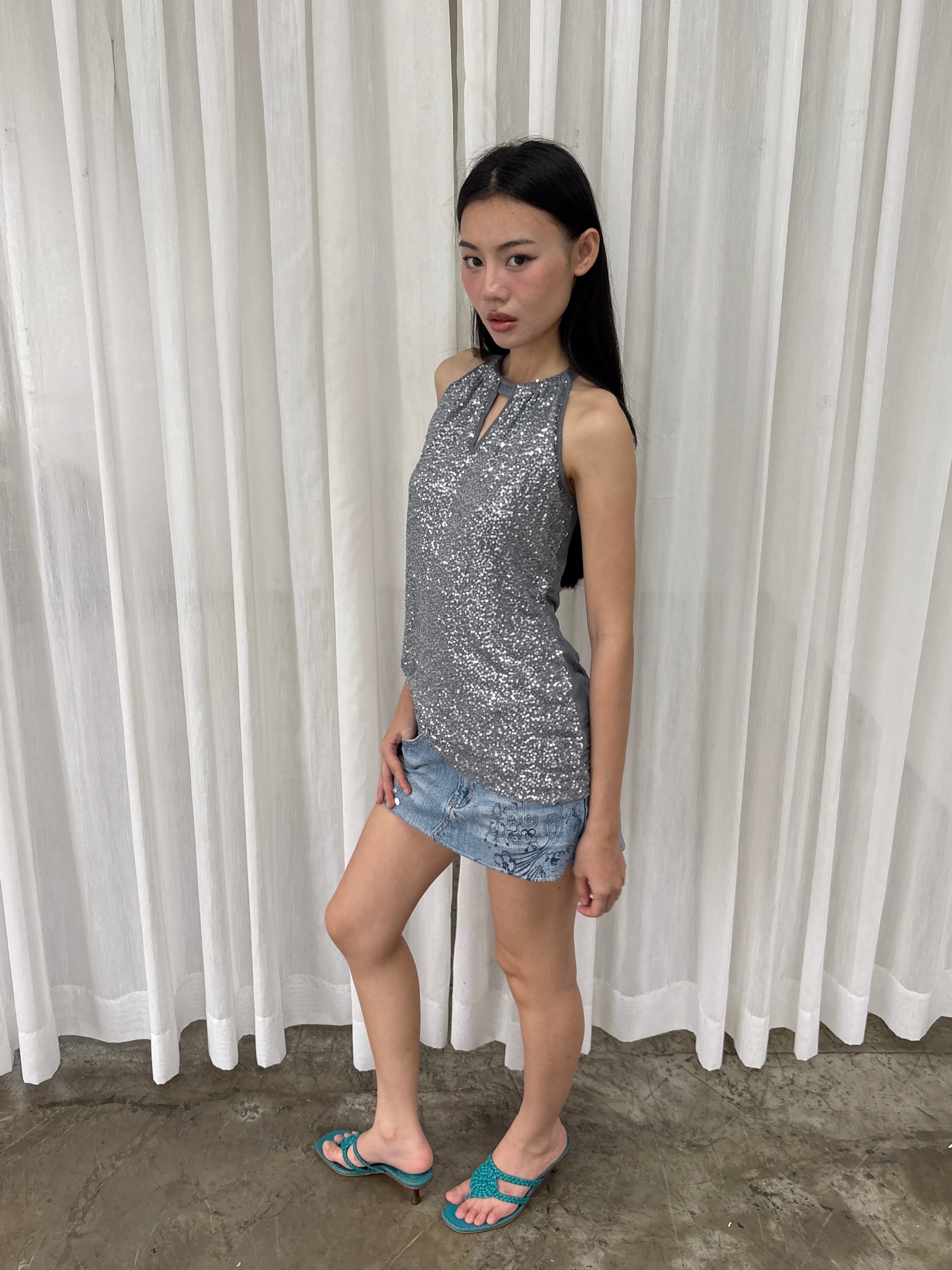 Silver sequin halter top