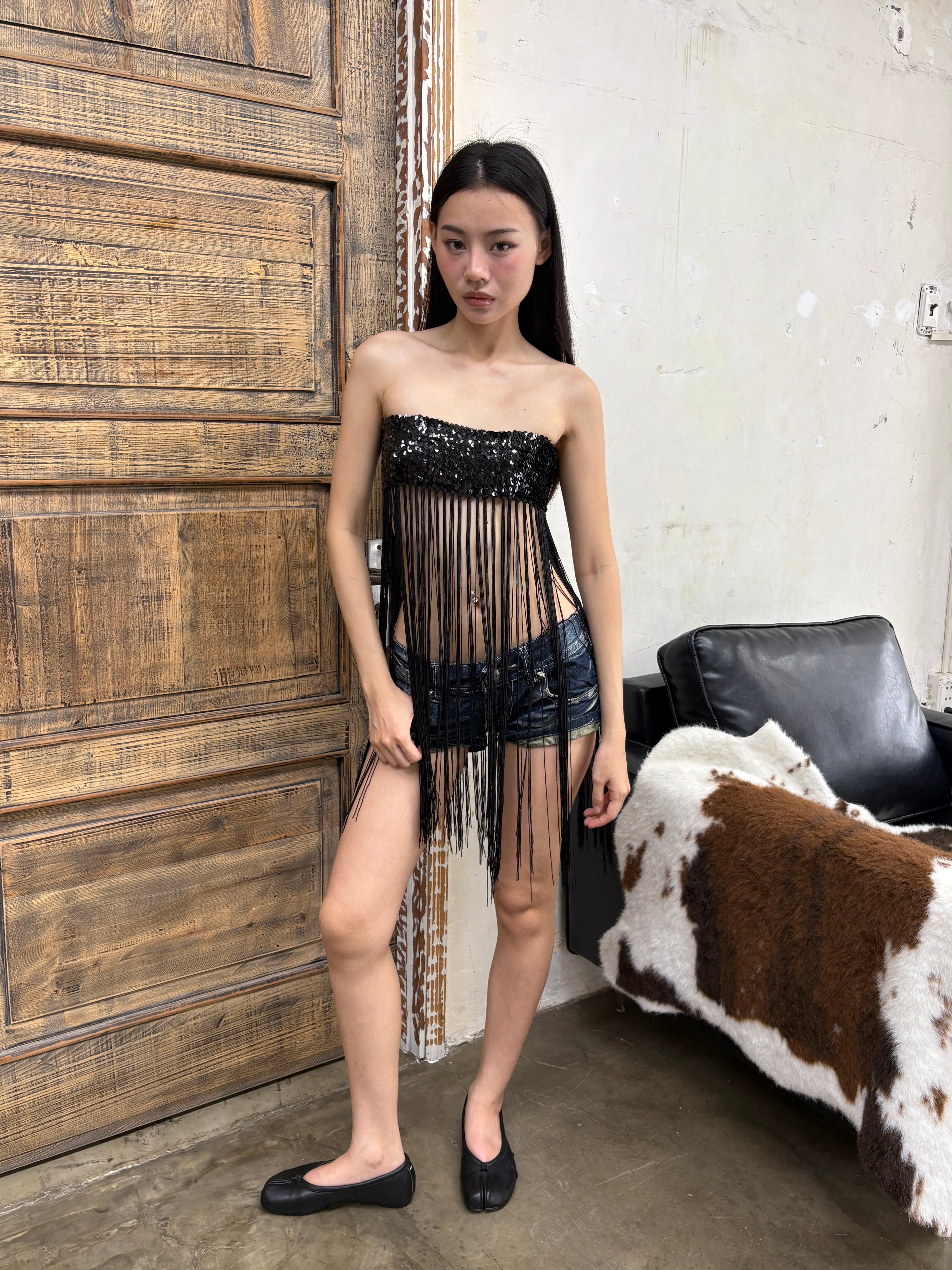 Fringe sequined bandeau top