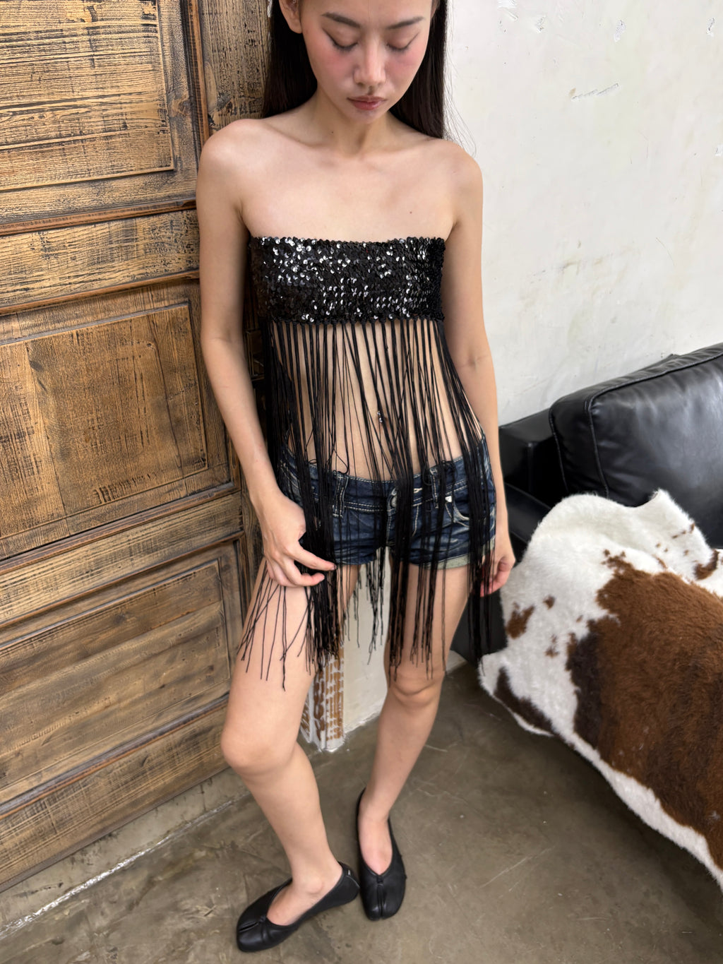 Fringe sequined bandeau top