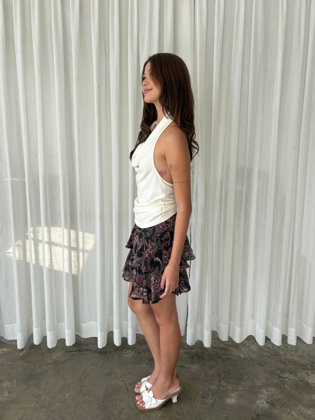 Black paisley ruffle mini skirt