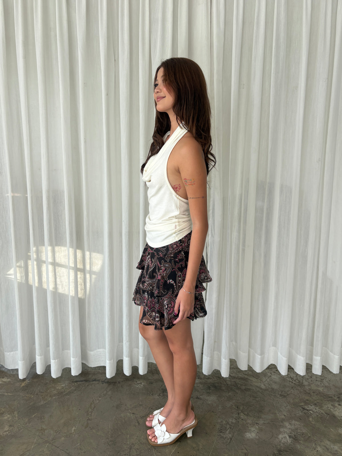 Black paisley ruffle mini skirt