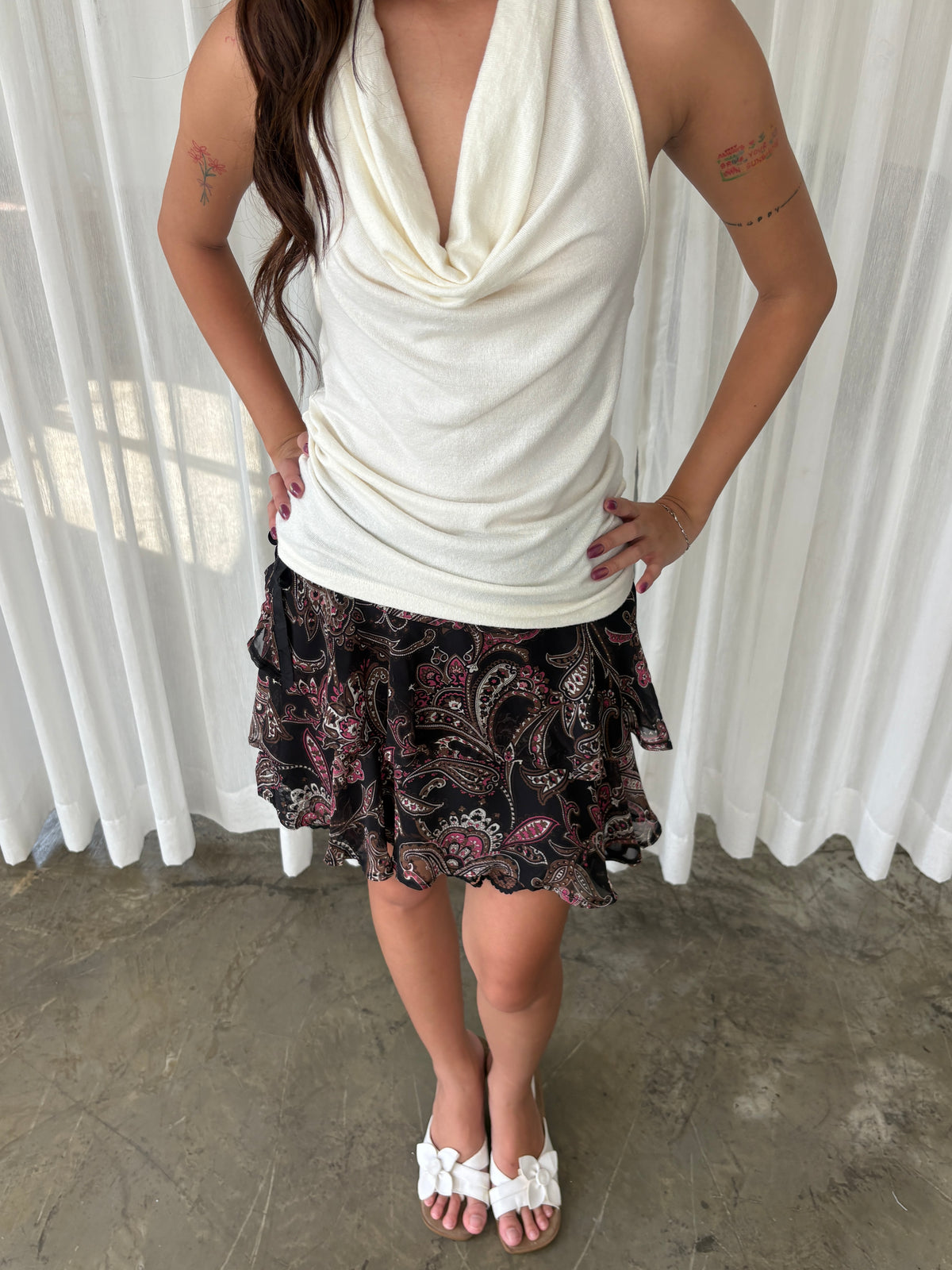 Black paisley ruffle mini skirt