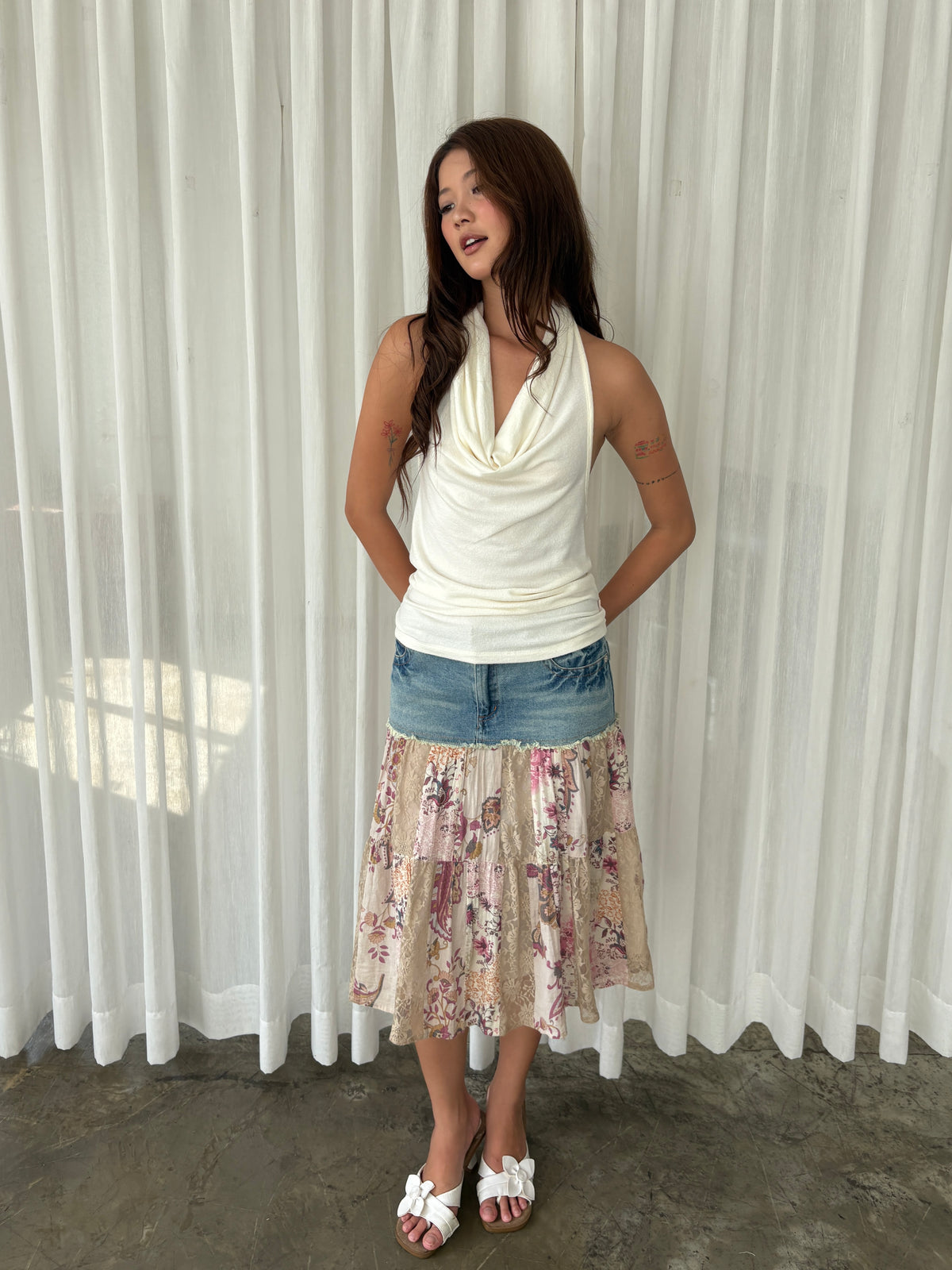 Denim floral patchwork midi skirt