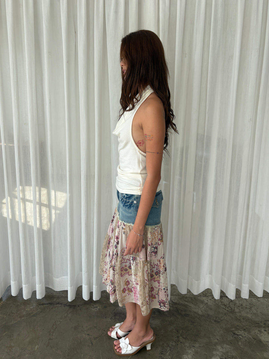 Denim floral patchwork midi skirt