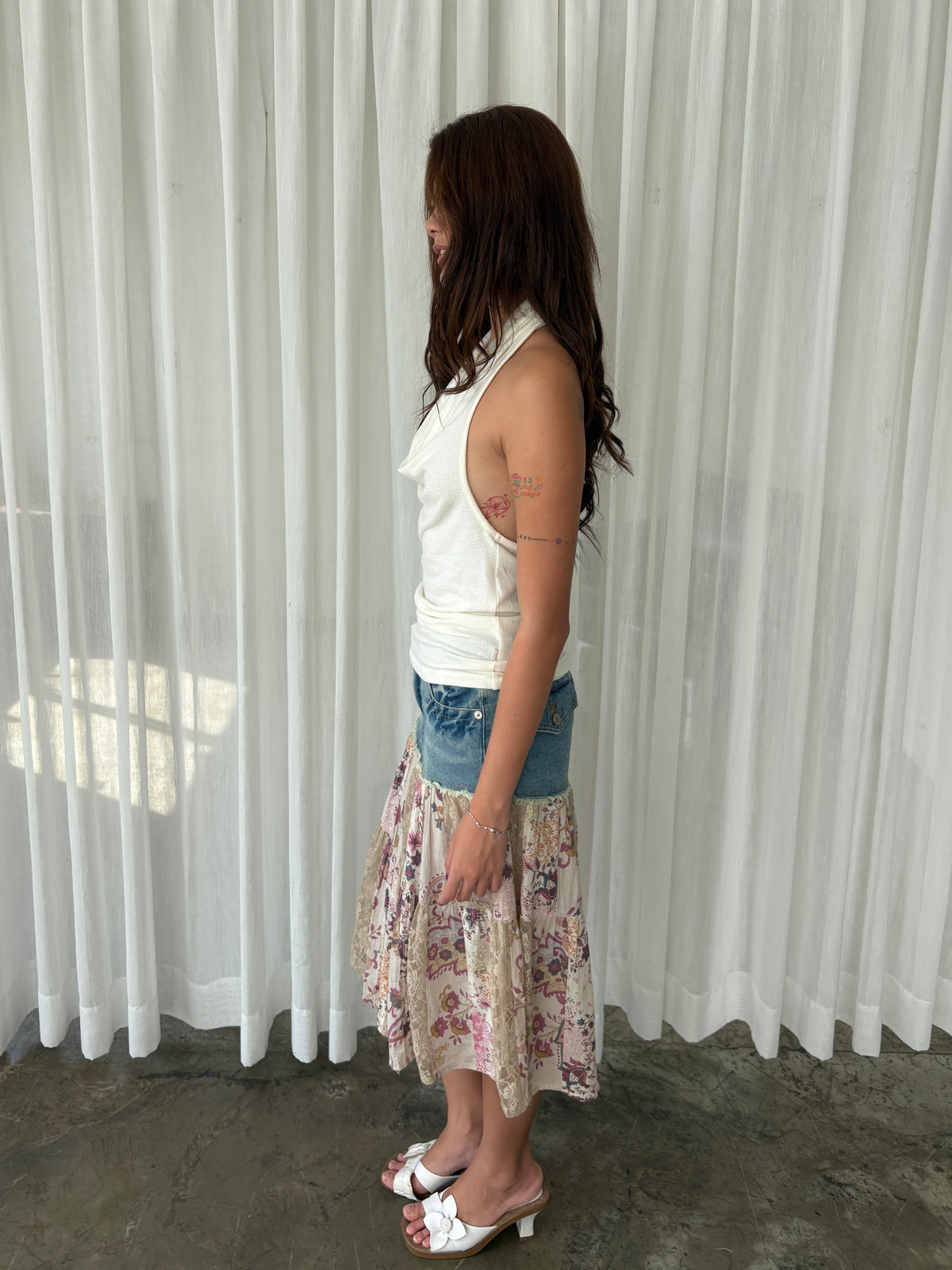 Denim floral patchwork midi skirt