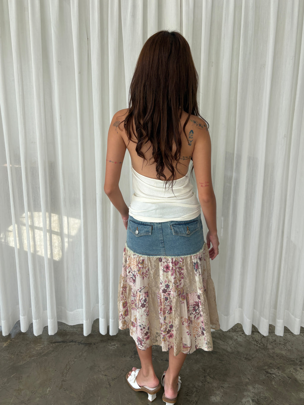 Denim floral patchwork midi skirt