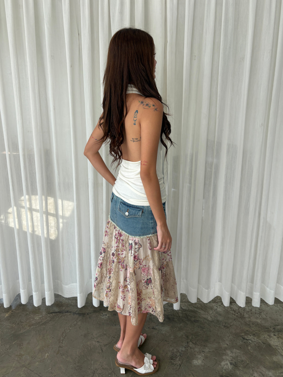 Denim floral patchwork midi skirt