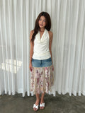Denim floral patchwork midi skirt