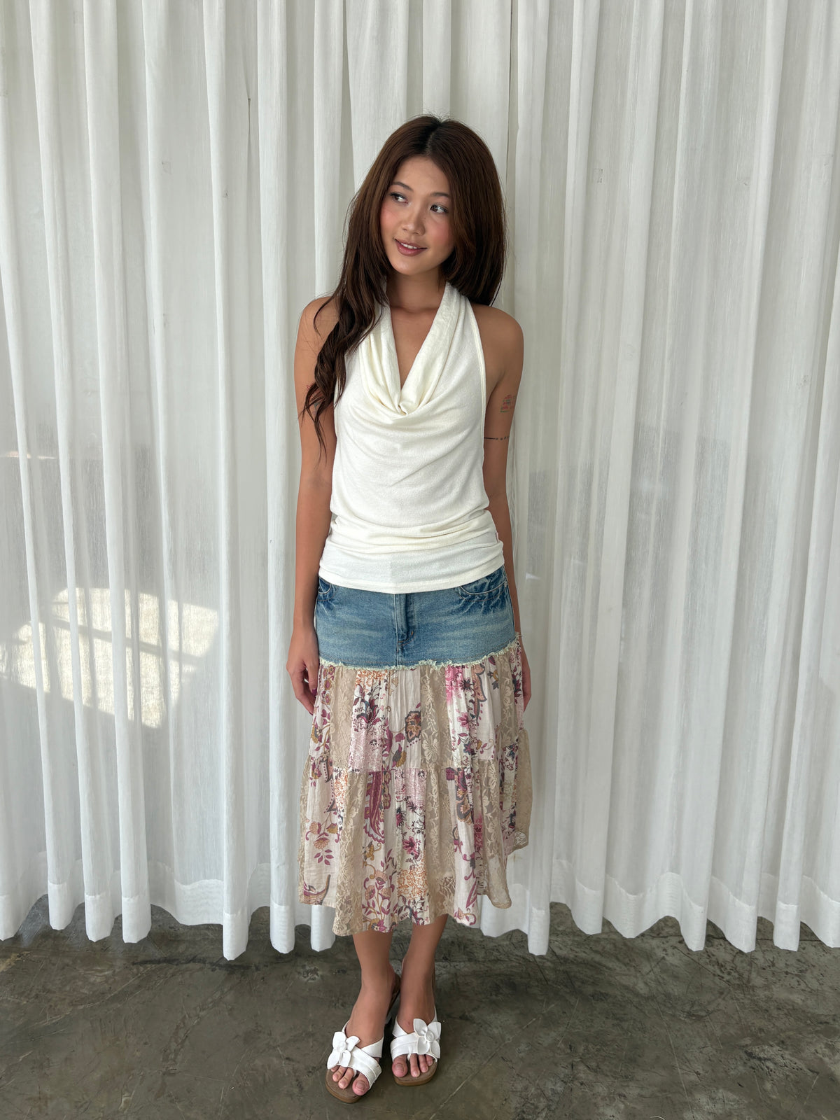Denim floral patchwork midi skirt