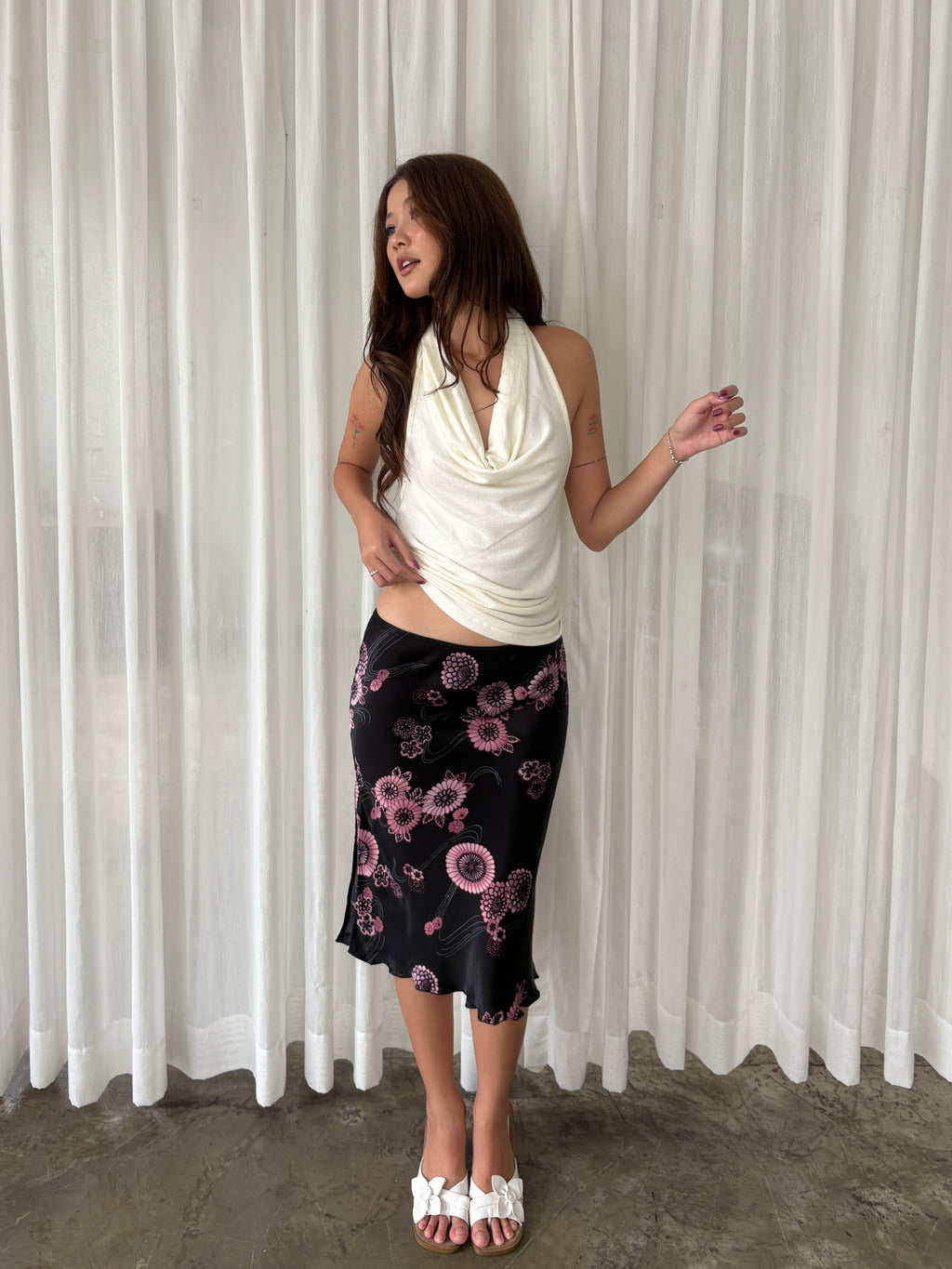 Black & pink floral midi skirt