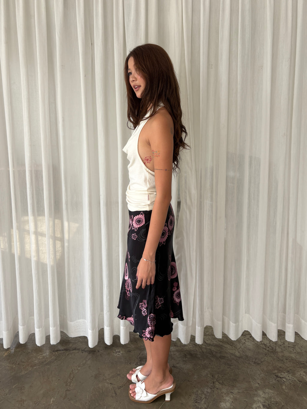 Black & pink floral midi skirt