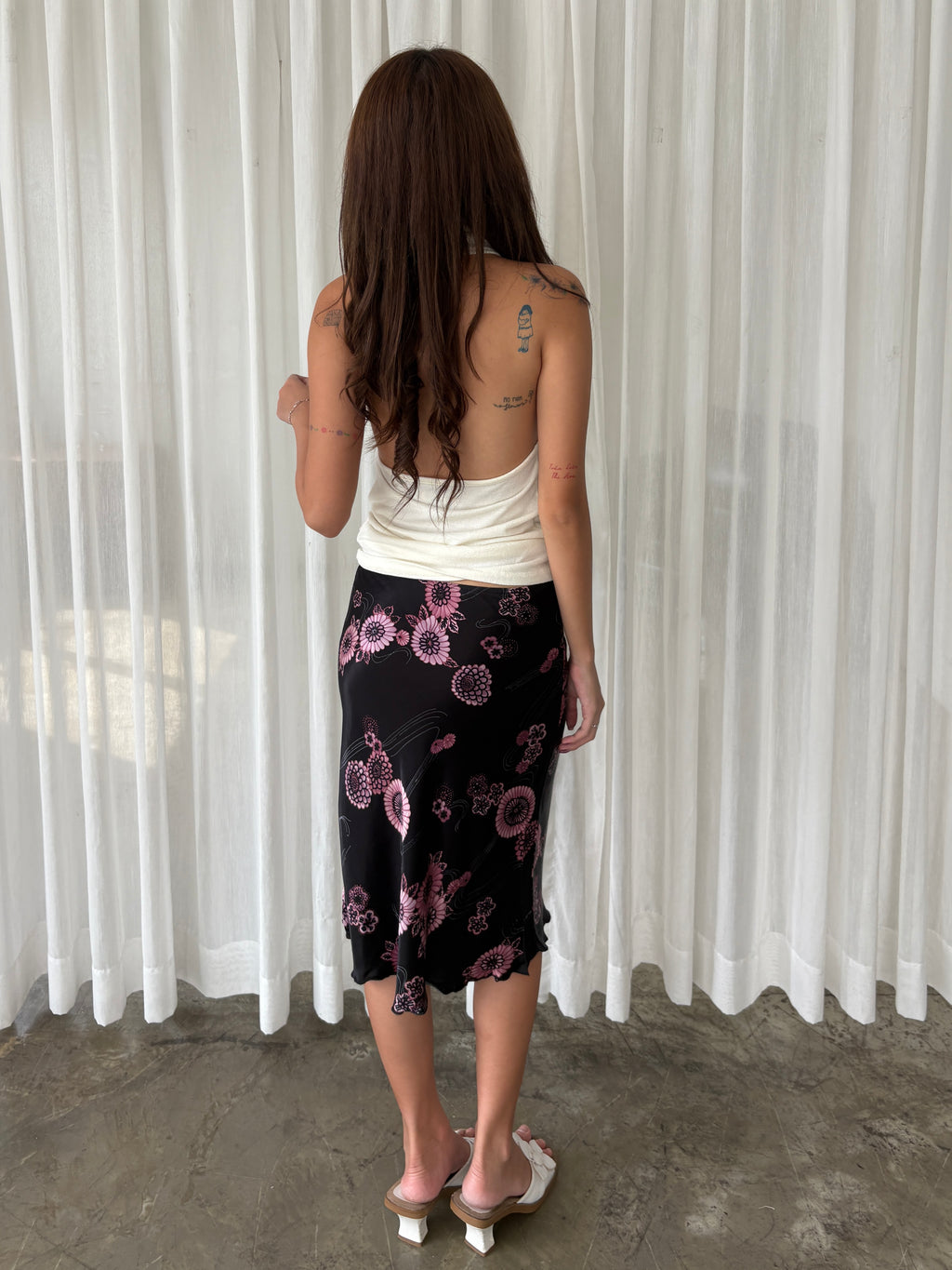 Black & pink floral midi skirt