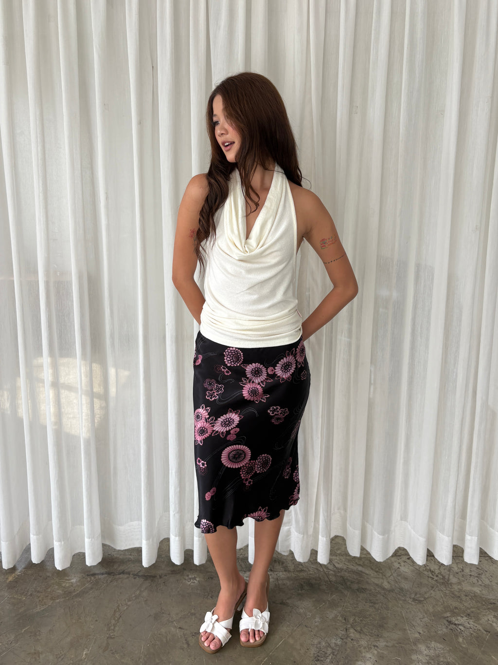 Black & pink floral midi skirt