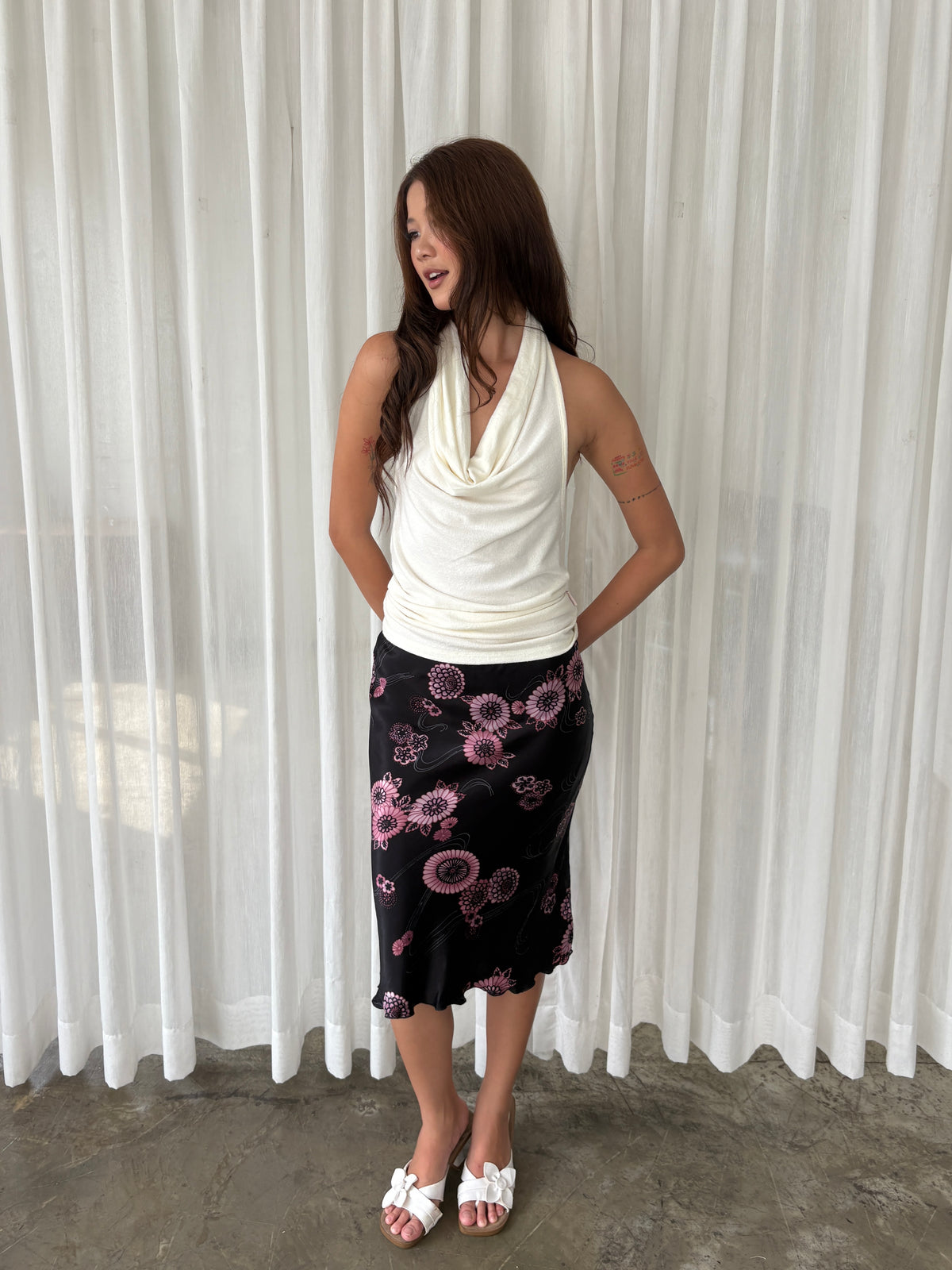 Black & pink floral midi skirt