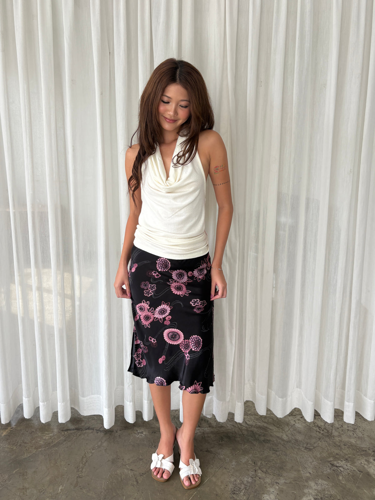 Black & pink floral midi skirt