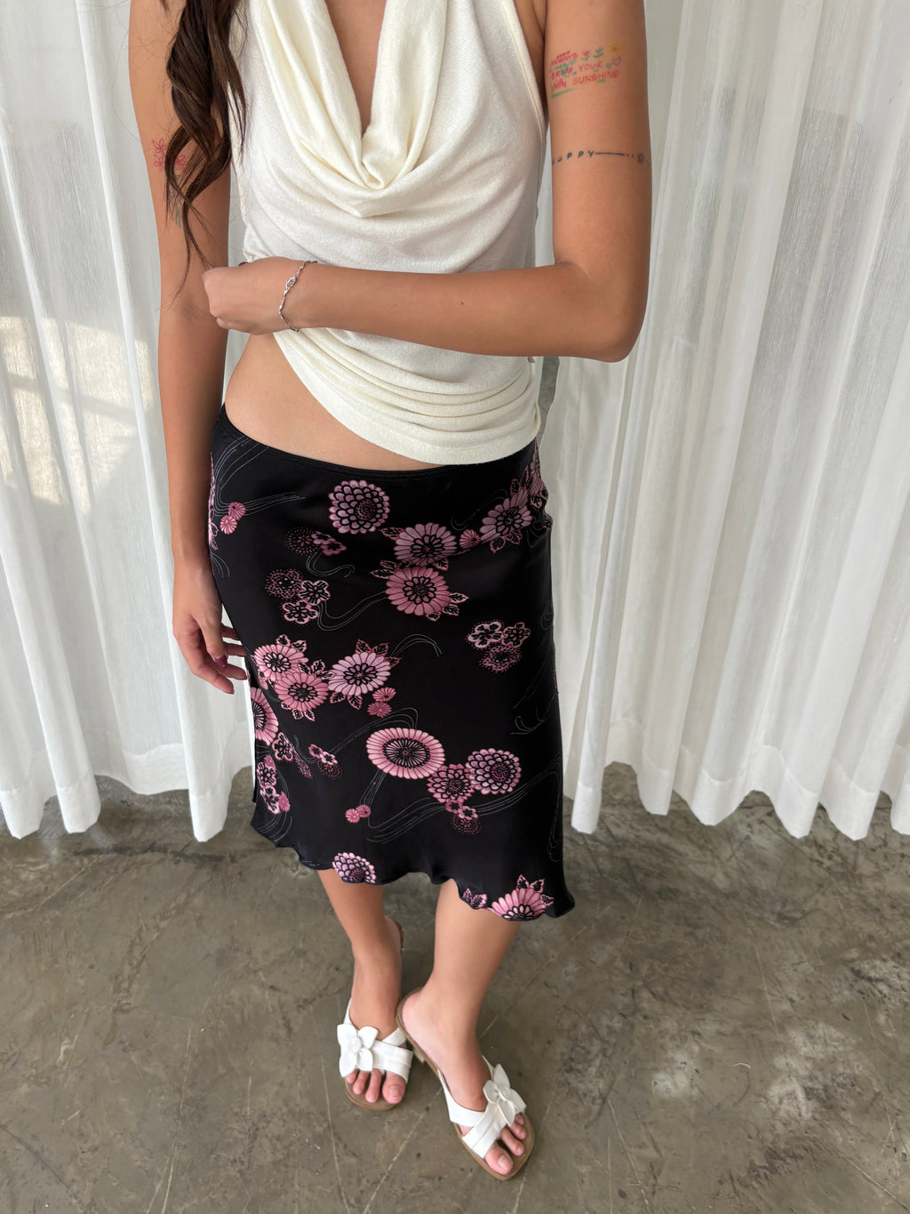 Black & pink floral midi skirt