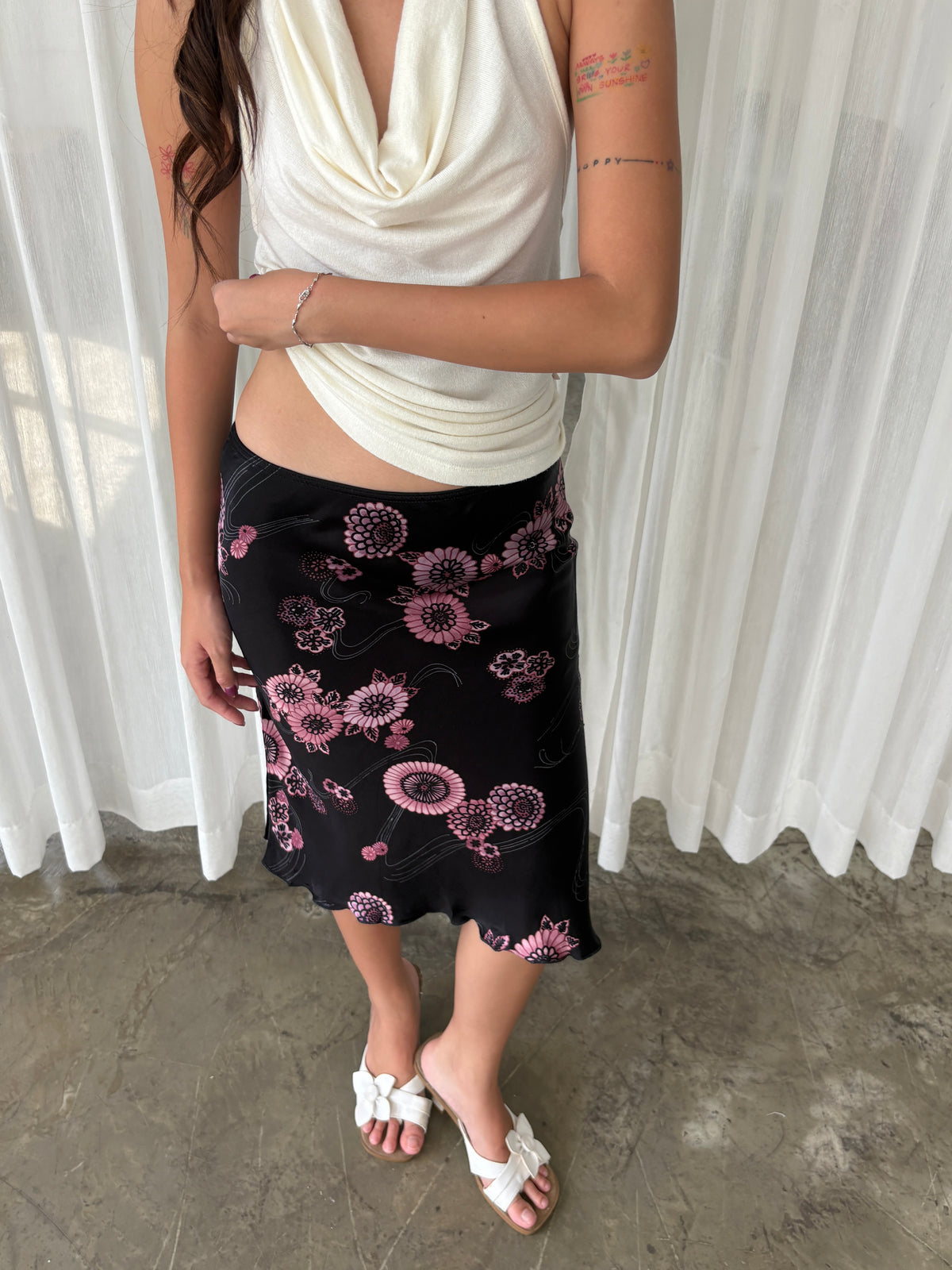Black & pink floral midi skirt