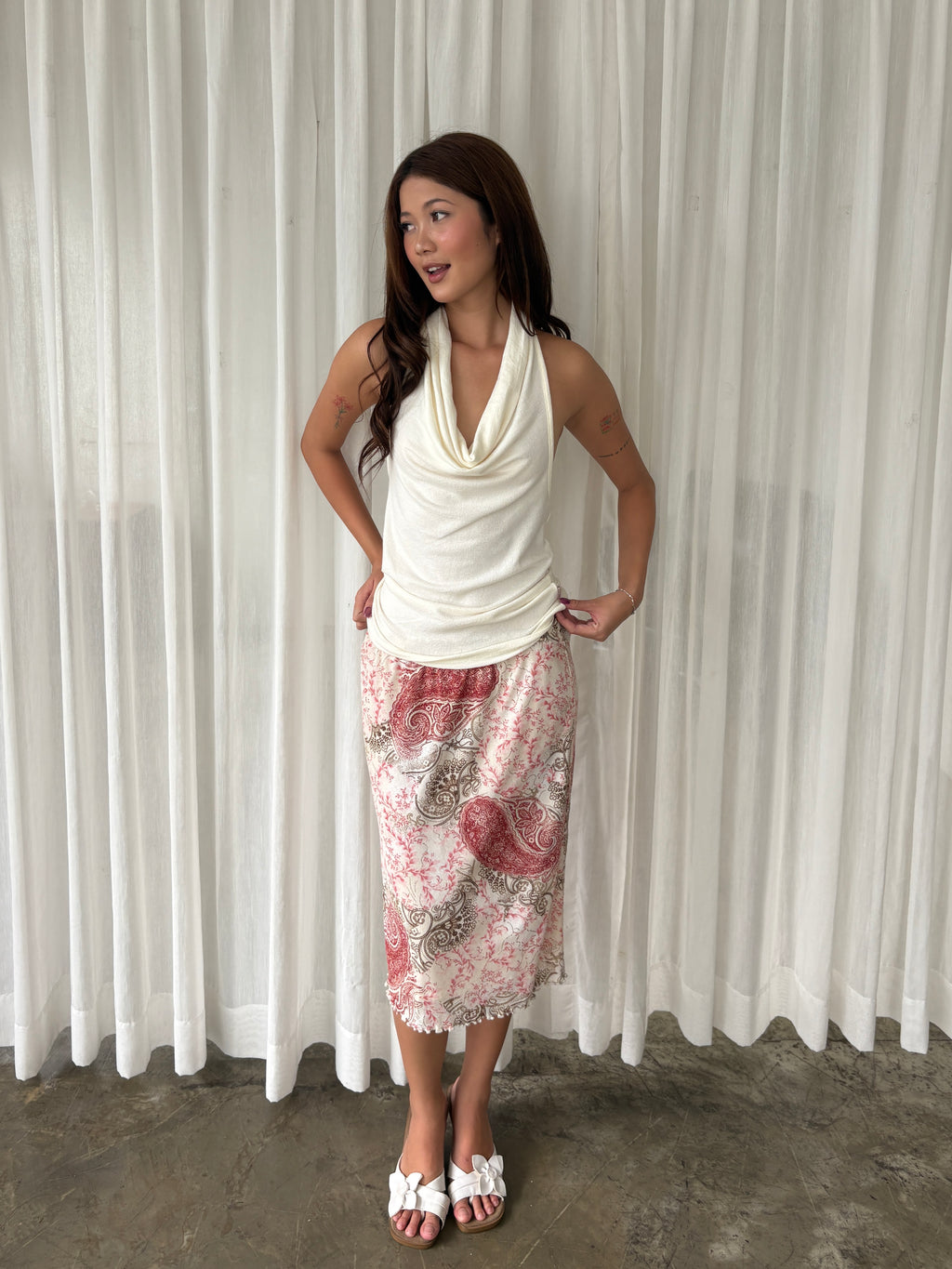 Blush pink paisley midi skirt