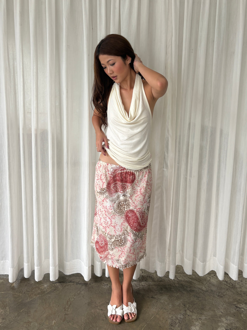 Blush pink paisley midi skirt