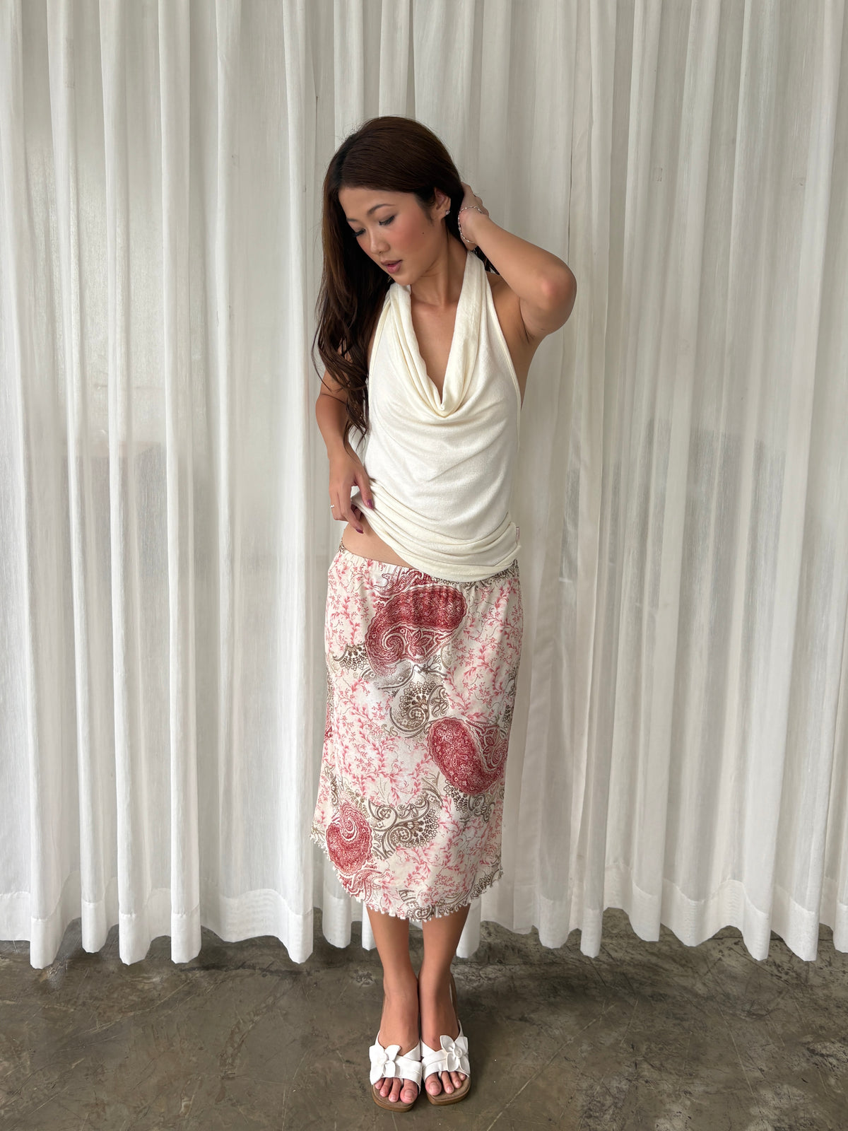 Blush pink paisley midi skirt