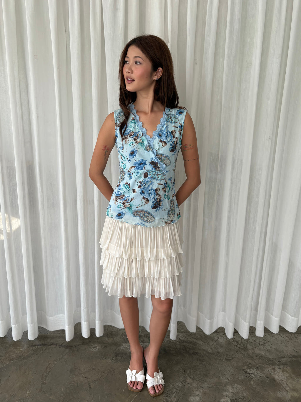 Blue floral lace trim top