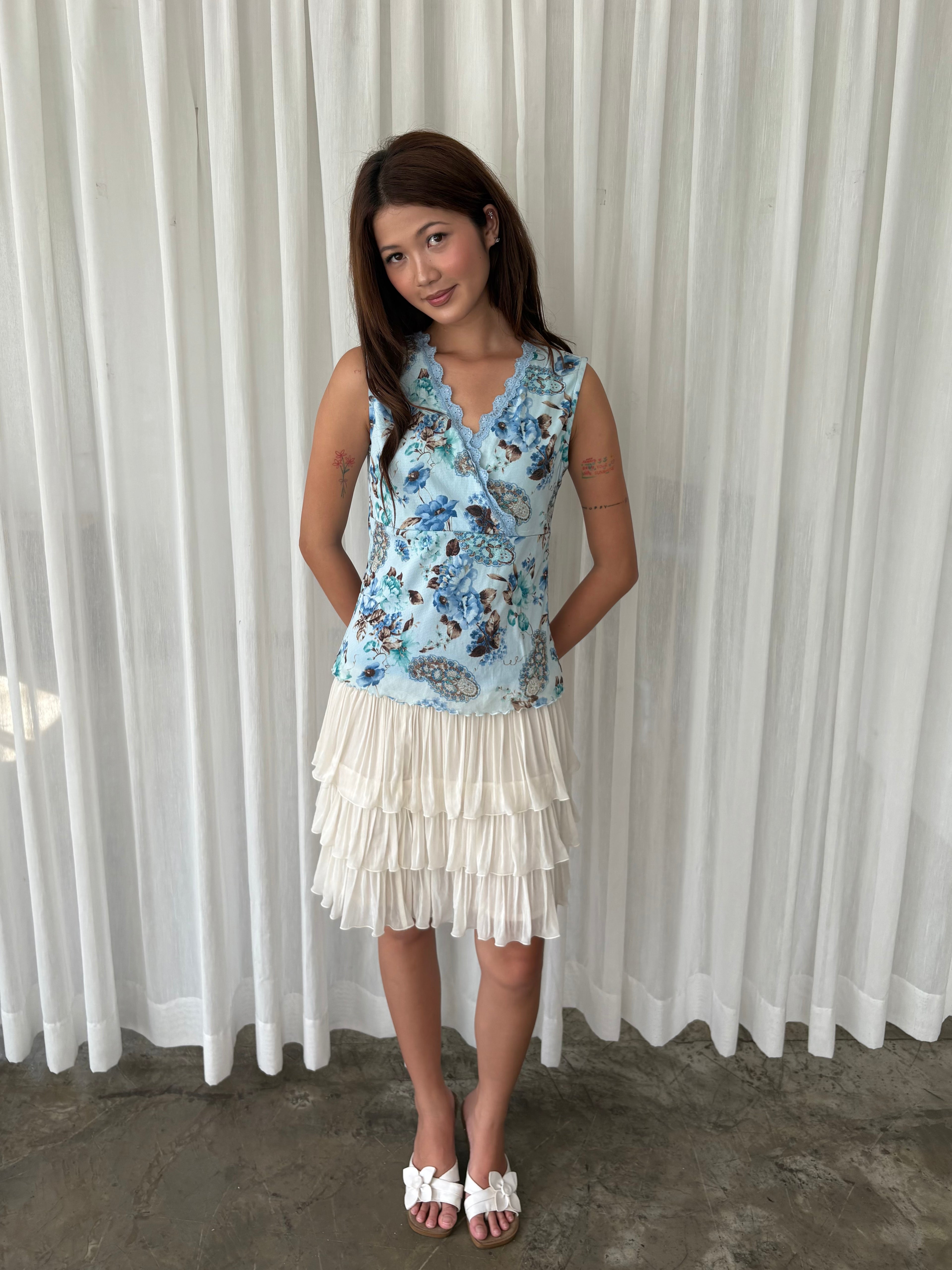 Blue floral lace trim top