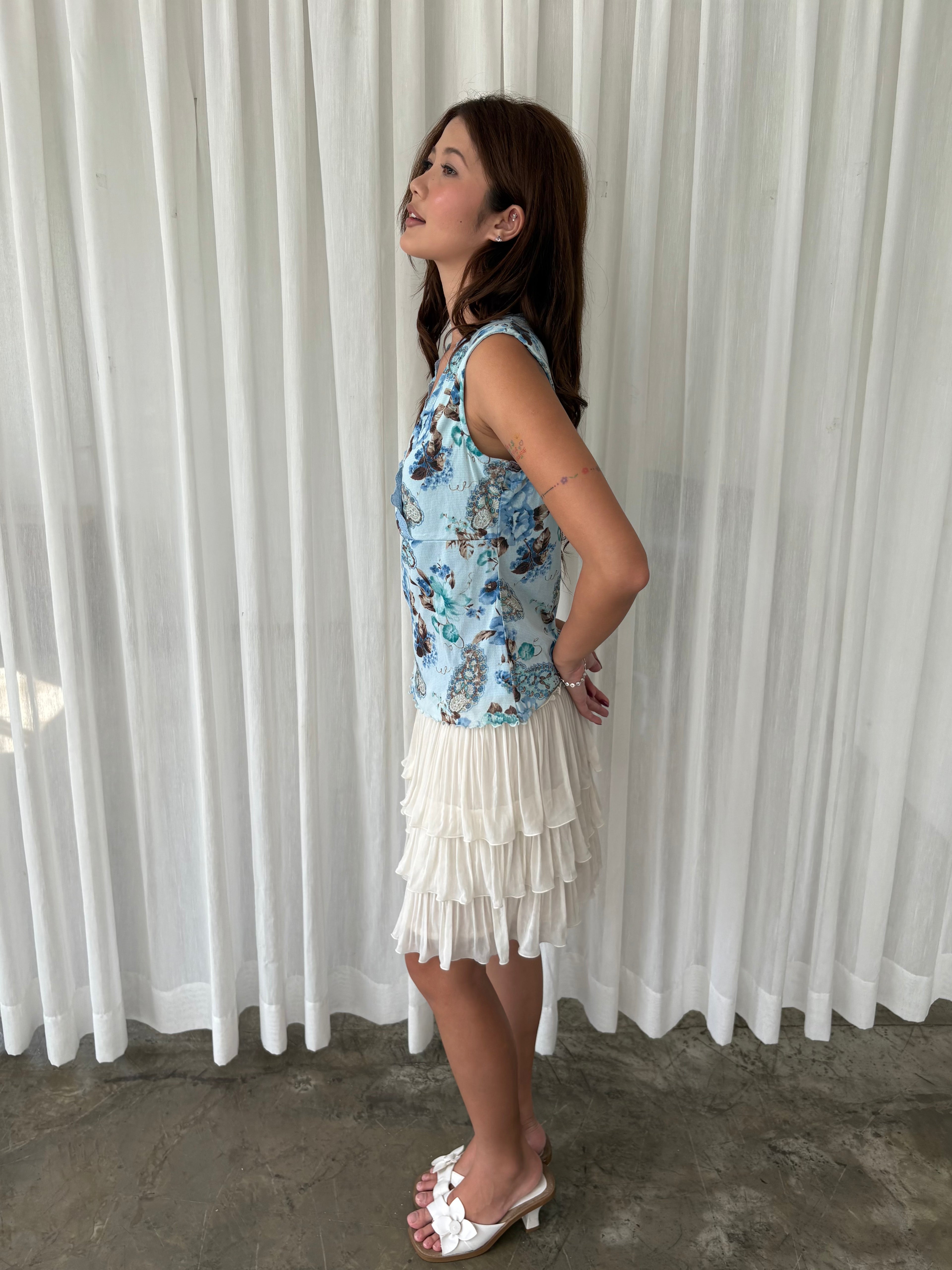 Blue floral lace trim top