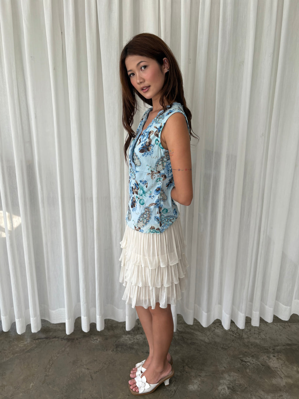 Blue floral lace trim top