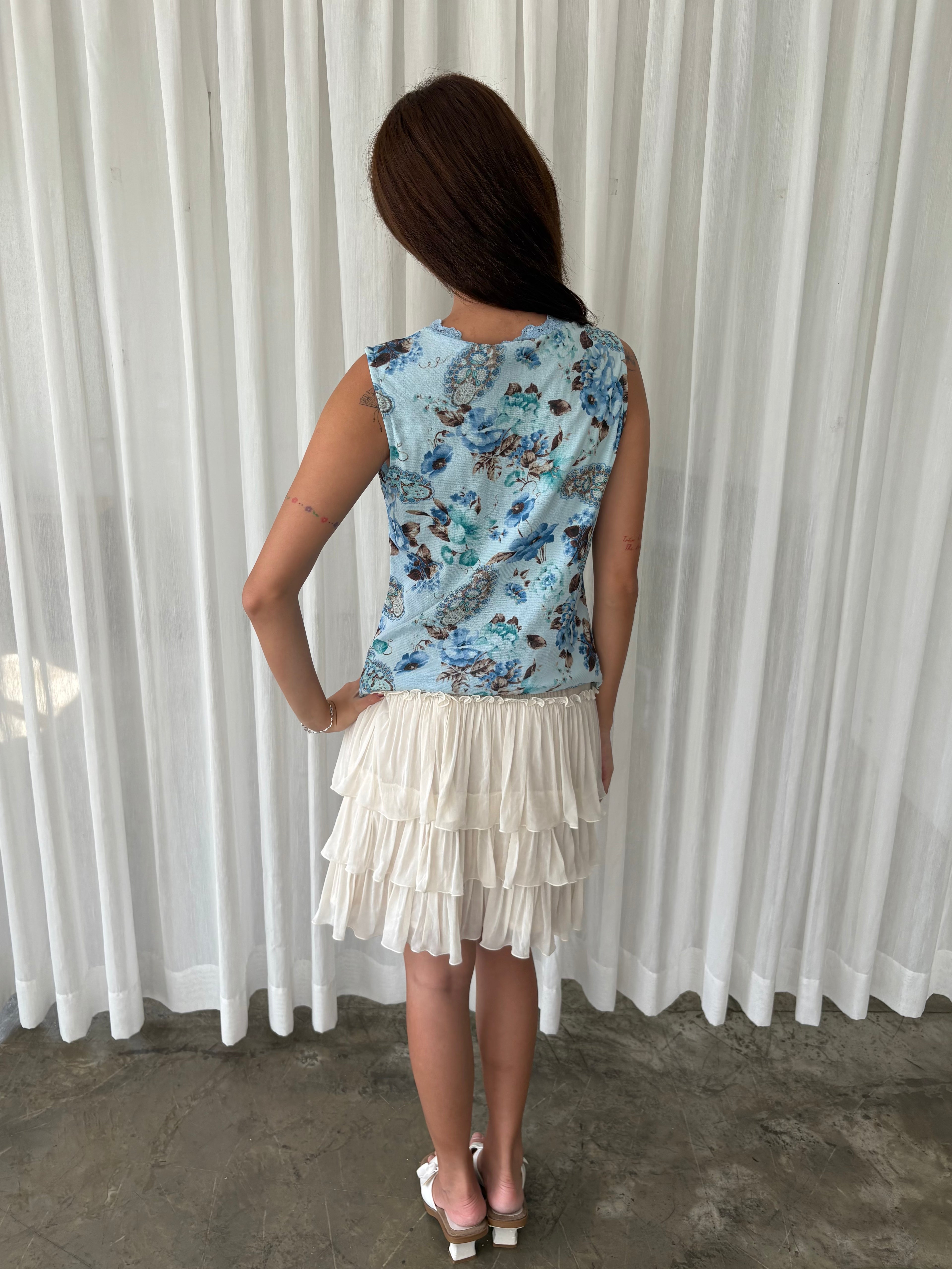 Blue floral lace trim top