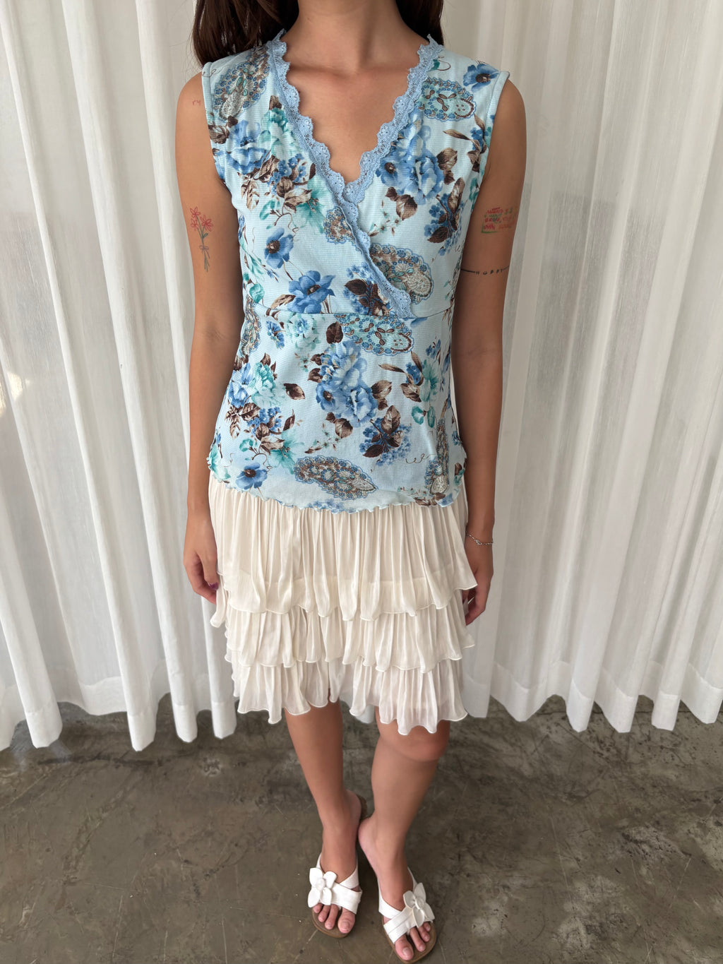 Blue floral lace trim top