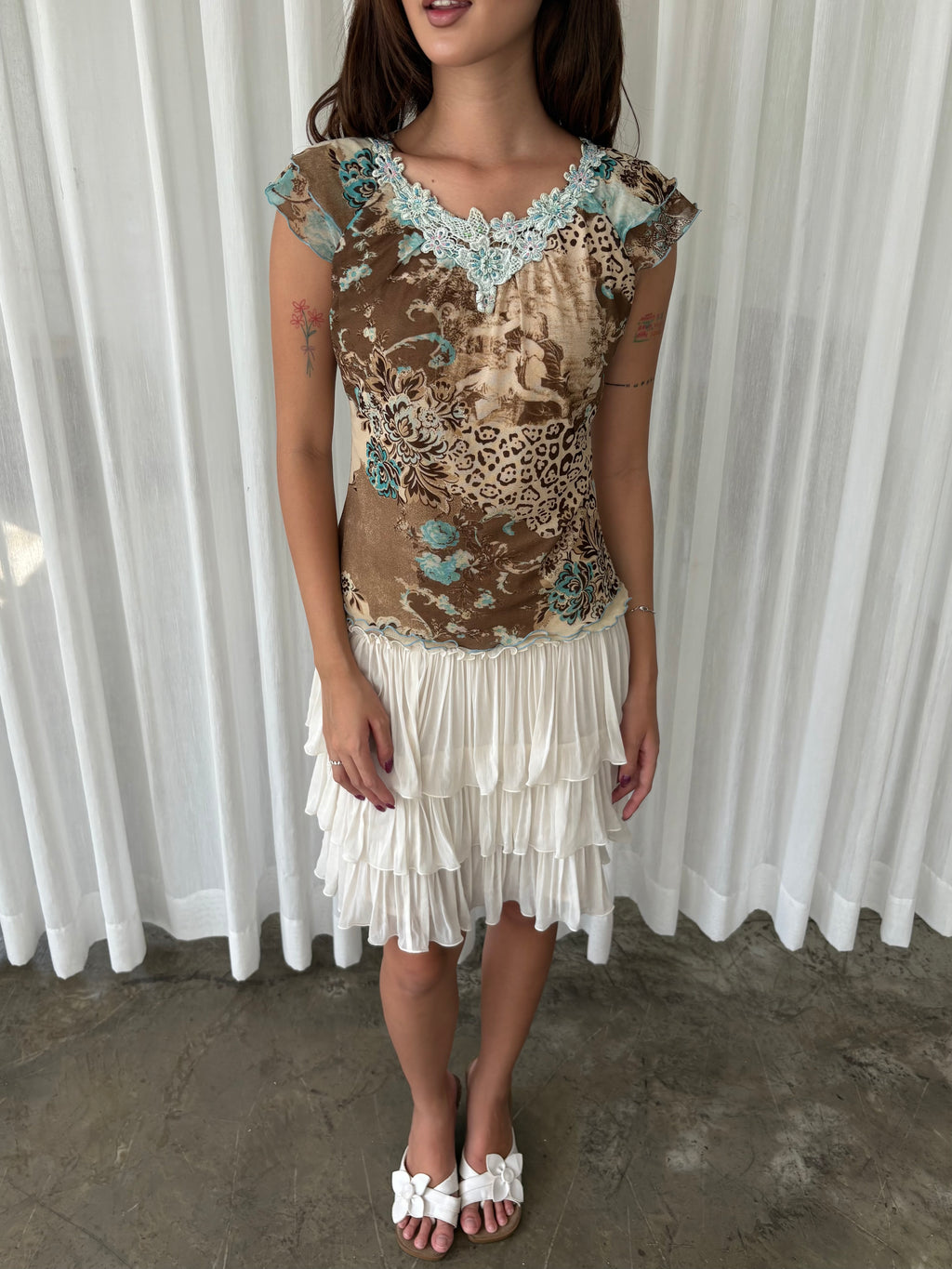 Blue floral leopard blouse