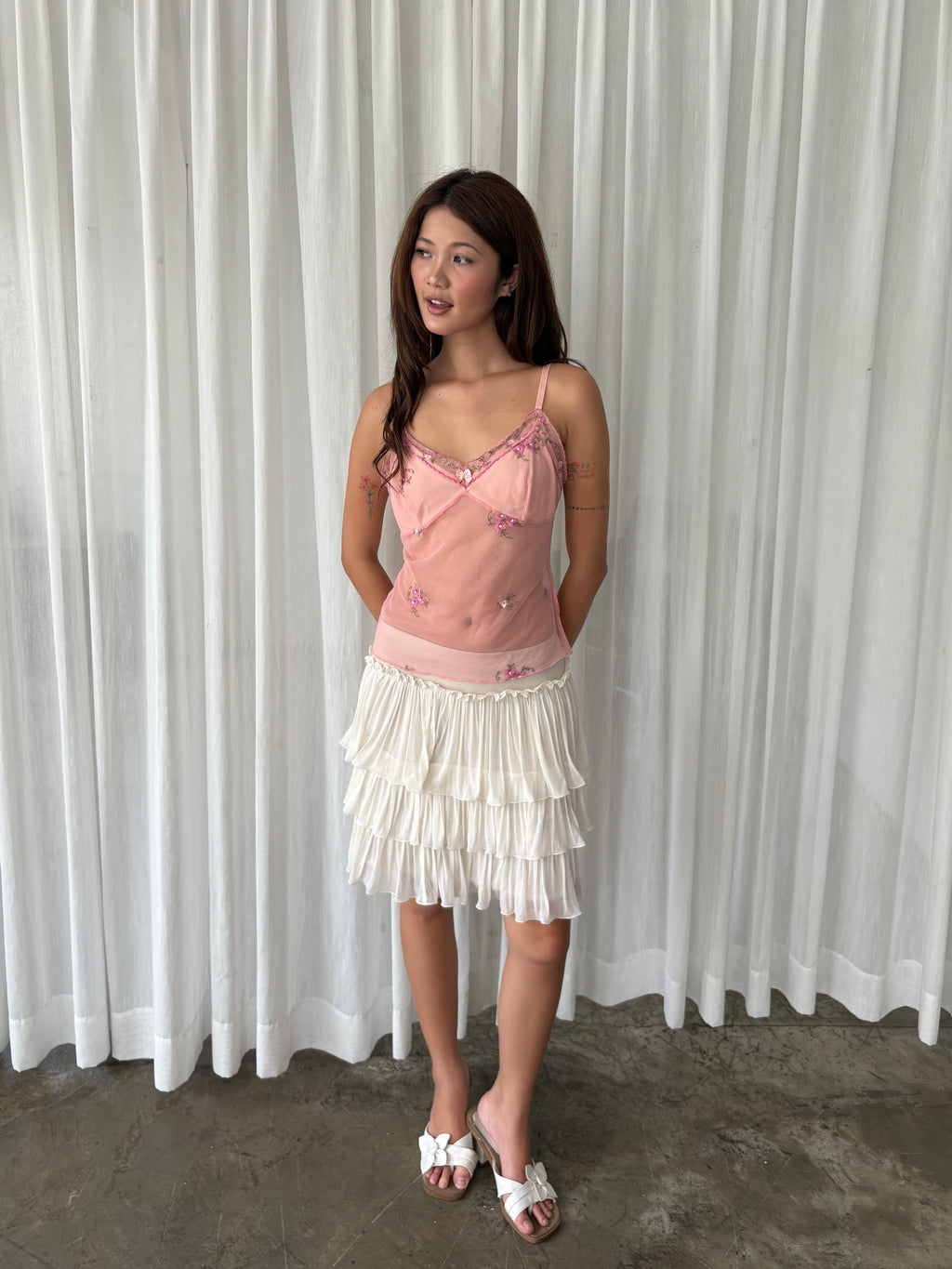Pink embroidered mesh camisole