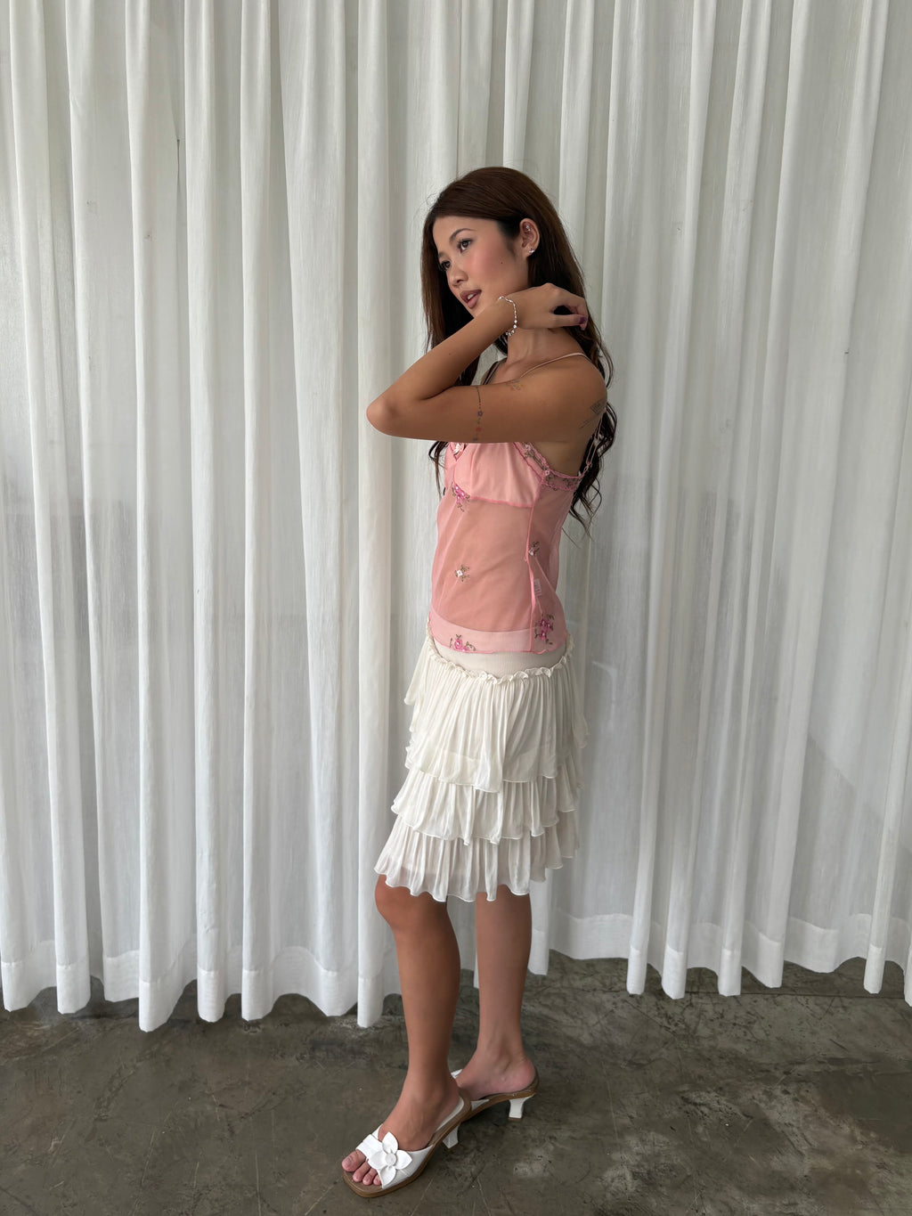 Pink embroidered mesh camisole