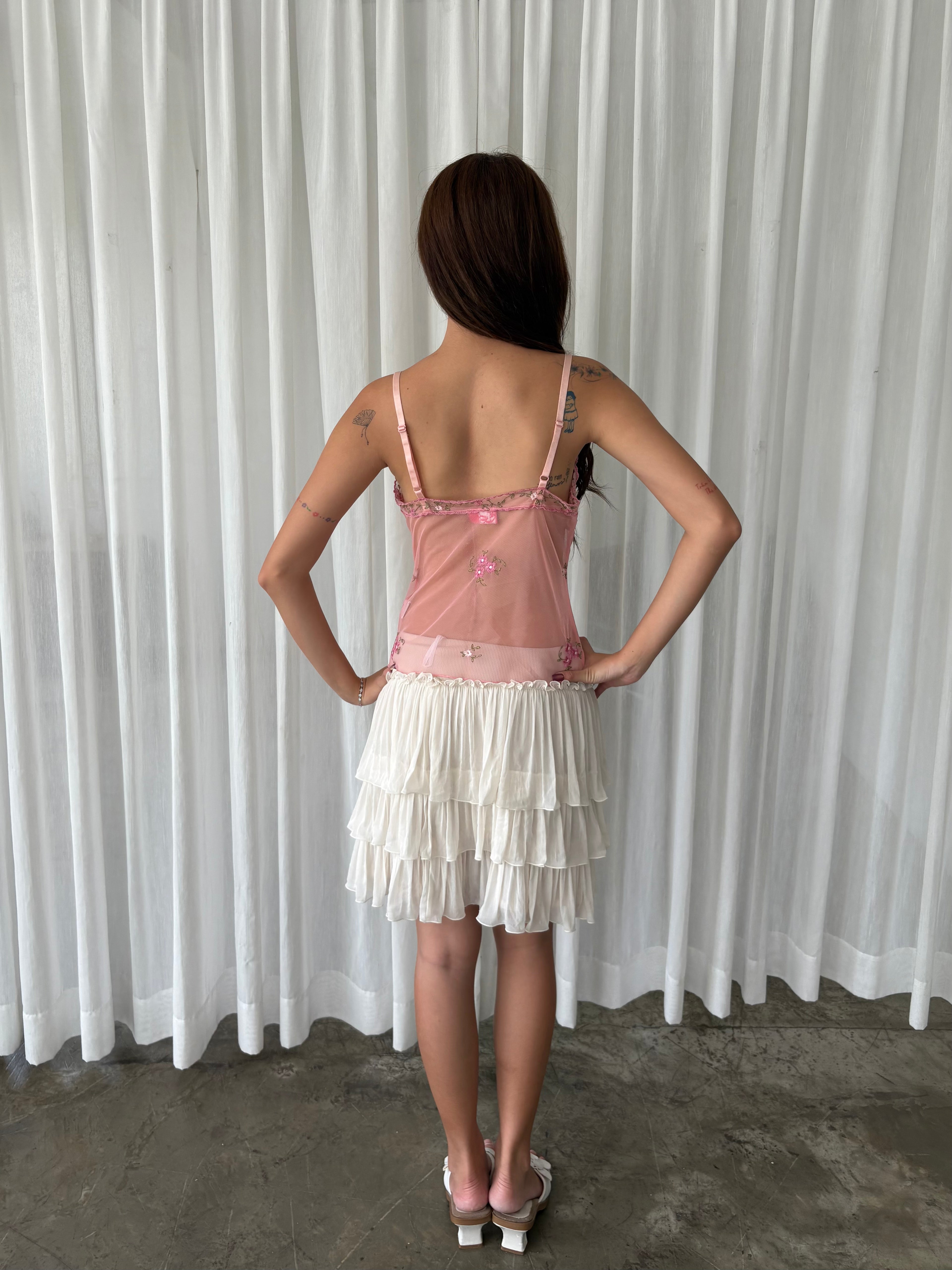 Pink embroidered mesh camisole