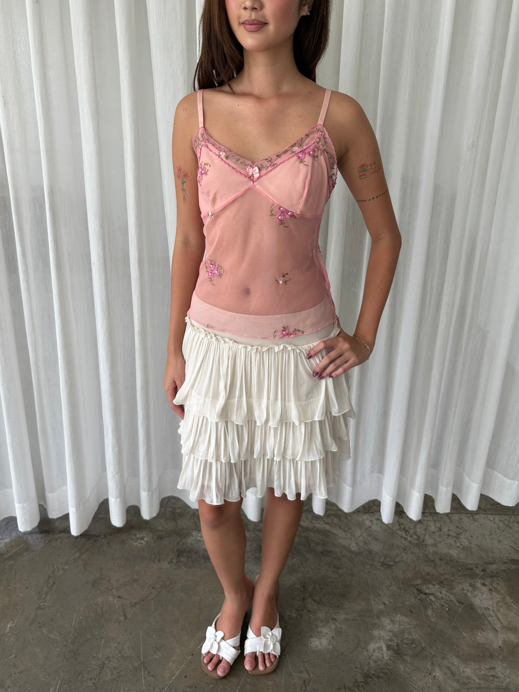 Pink embroidered mesh camisole