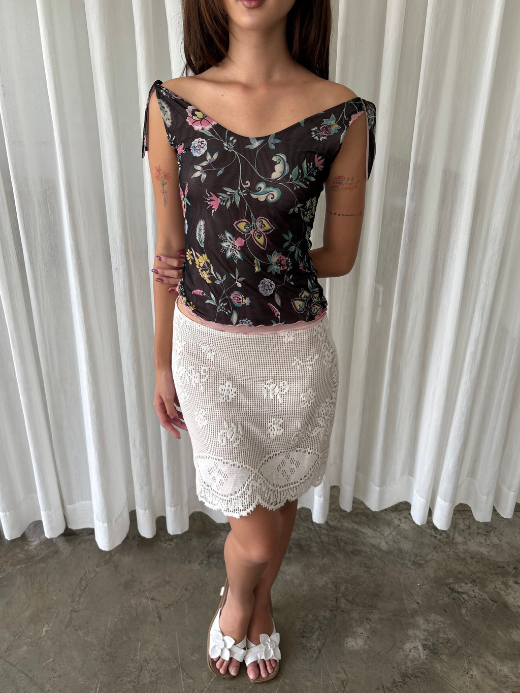 Floral tie shoulder top