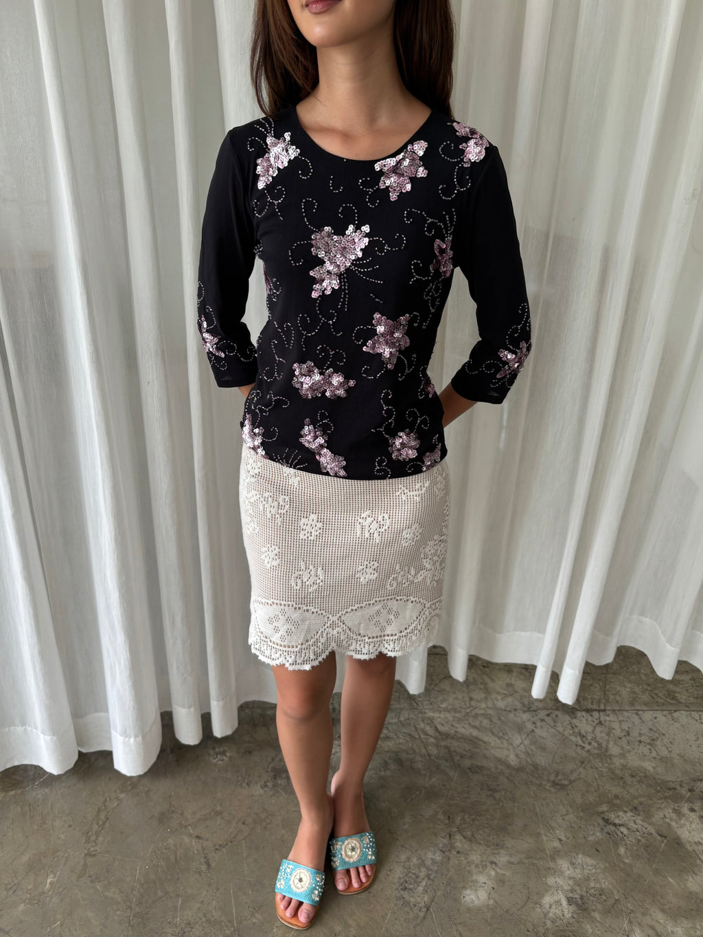 Beaded floral long sleeve top