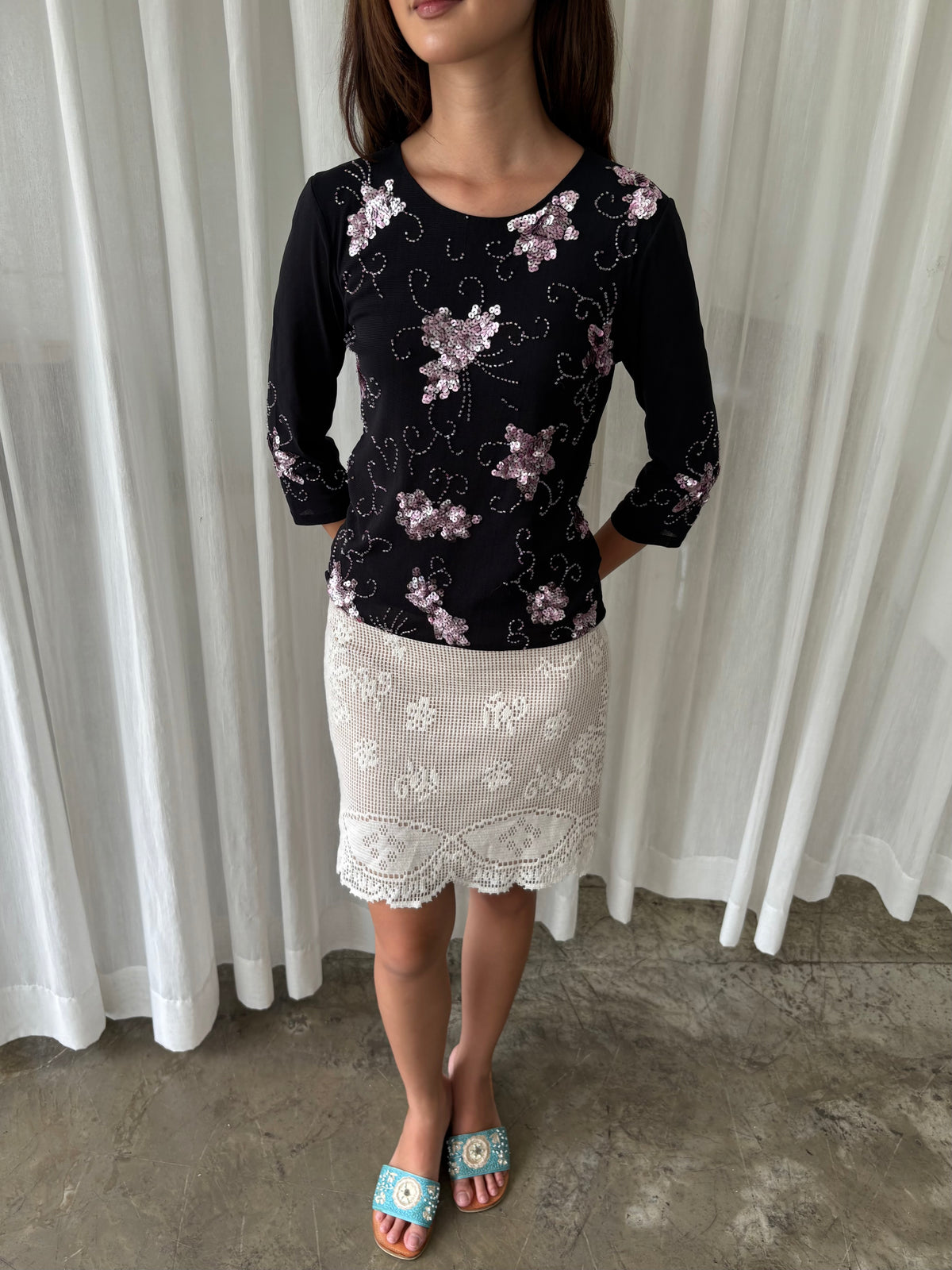 Beaded floral long sleeve top