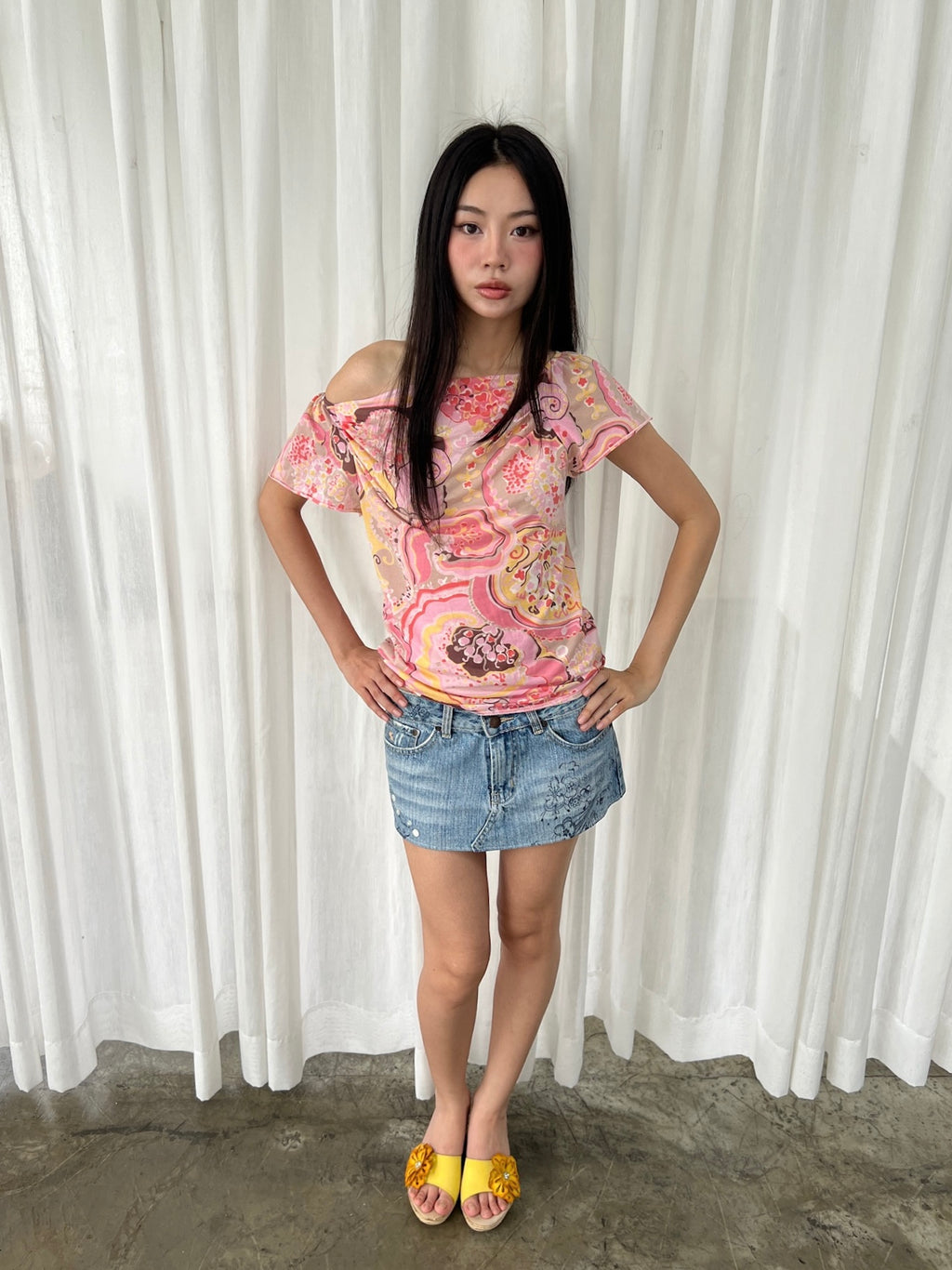 Pink swirl off shoulder top
