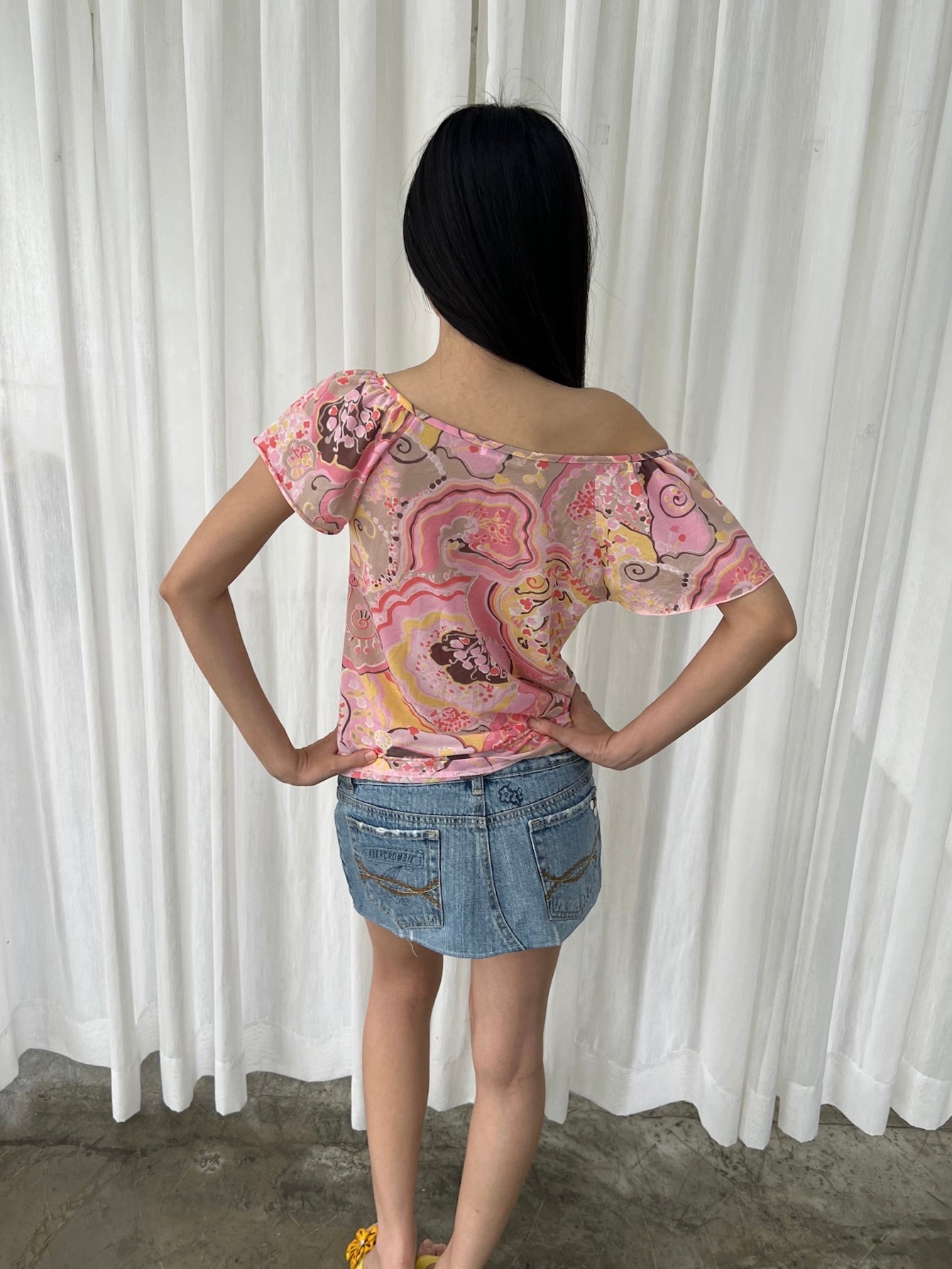Pink swirl off shoulder top