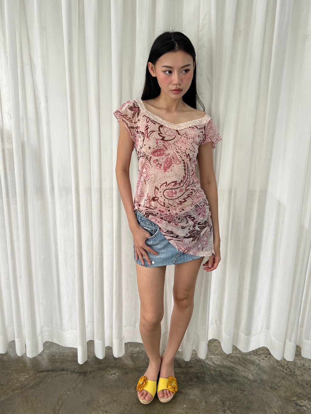 Pink mesh flutter sleeve top