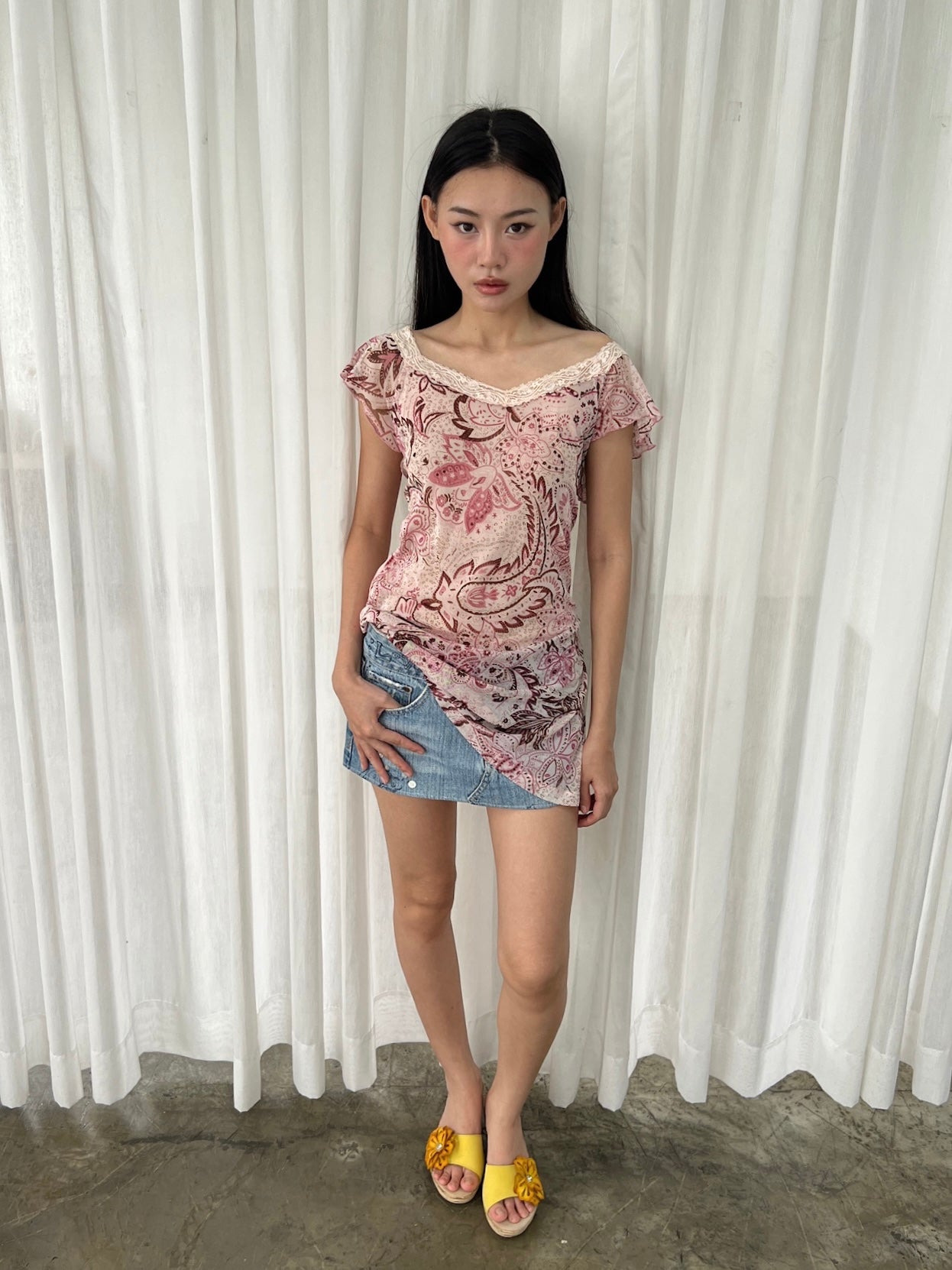 Pink mesh flutter sleeve top
